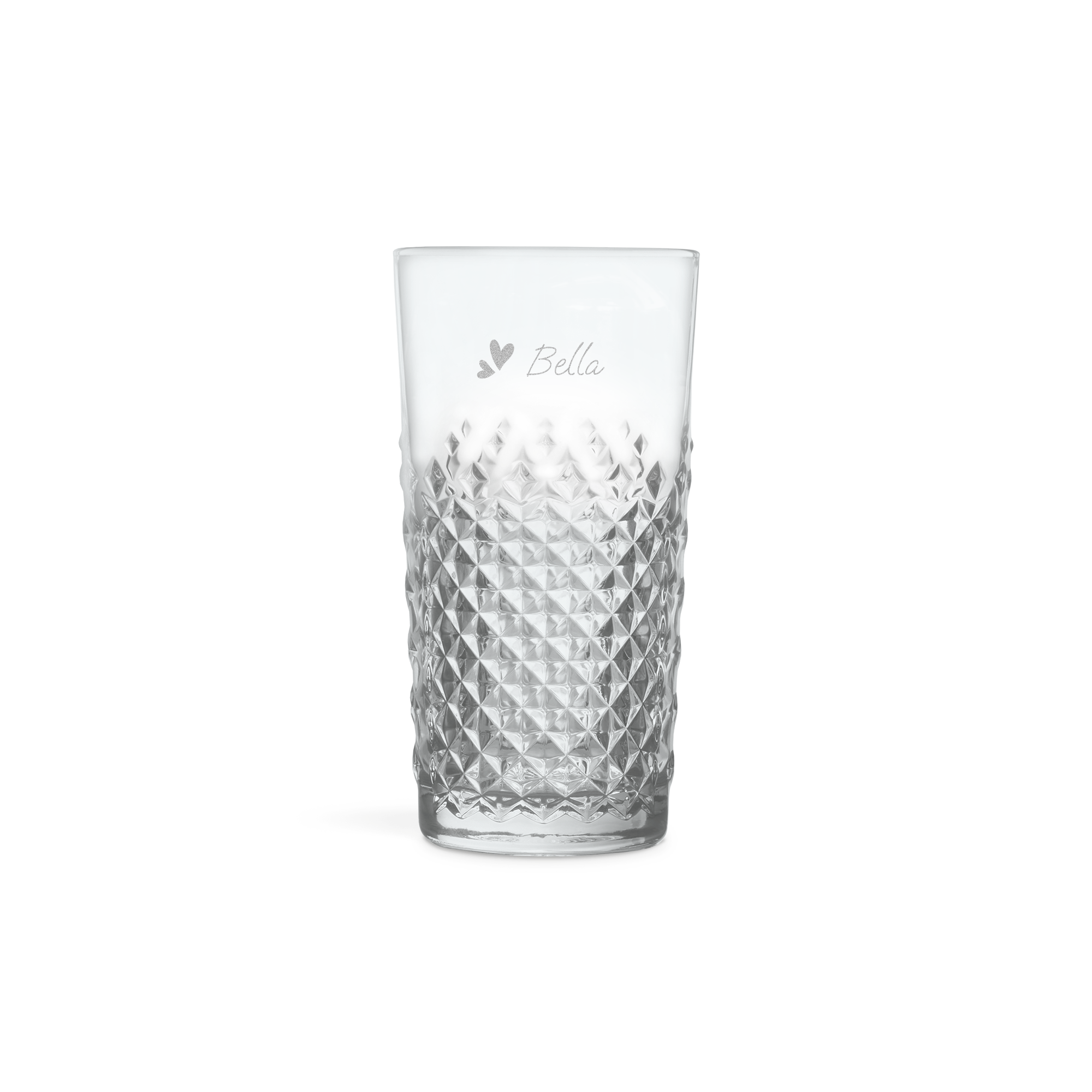 Vaso de cóctel para mojito grabado con nombre "Bella" y dos corazones, con diseño de rombos.