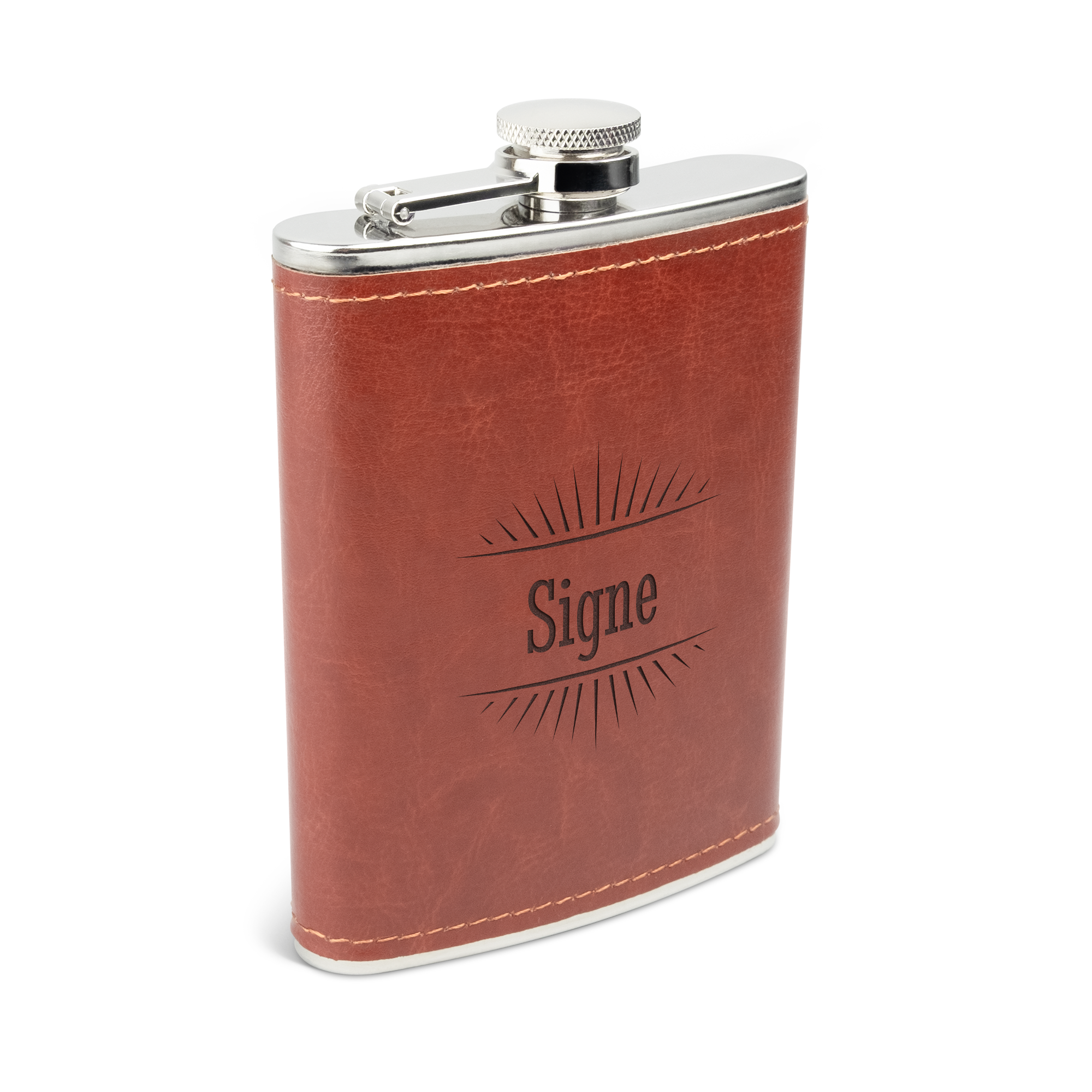 Luksuriøs brun lommelærke med navnet Signe indgraveret i læderet. Perfekt til yndlingsdrinks.
