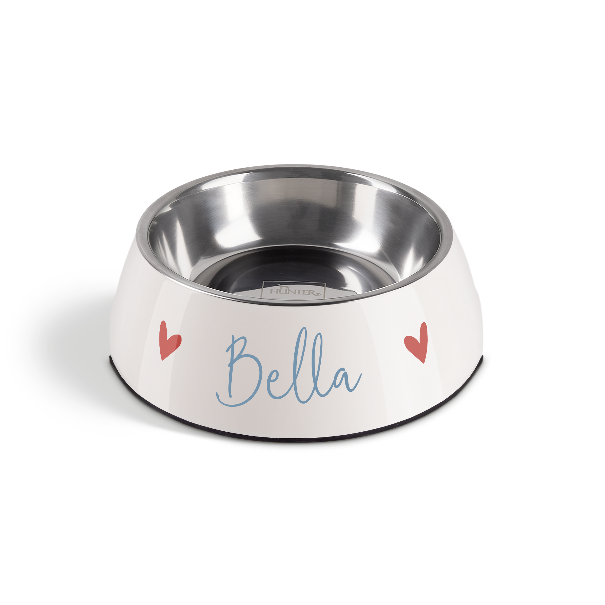 Cuenco de comida personalizado blanco con "Bella" y corazones rojos, interior de acero.