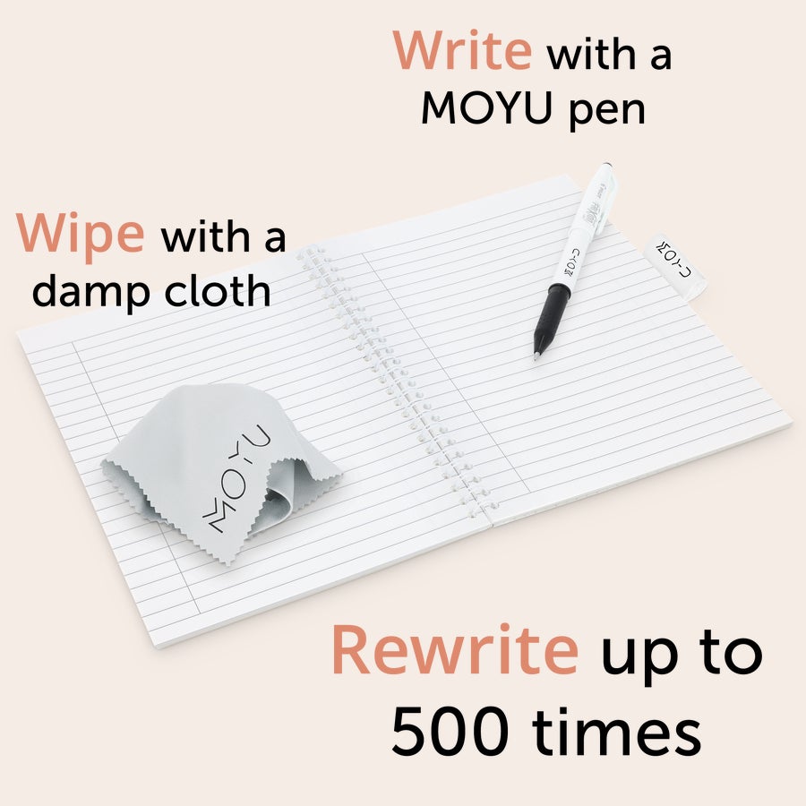 Libreta borrable personalizada MOYU Cuaderno borrable MOYU personalizado con bolígrafo y paño de limpieza, ideal para mejora la toma de notas.