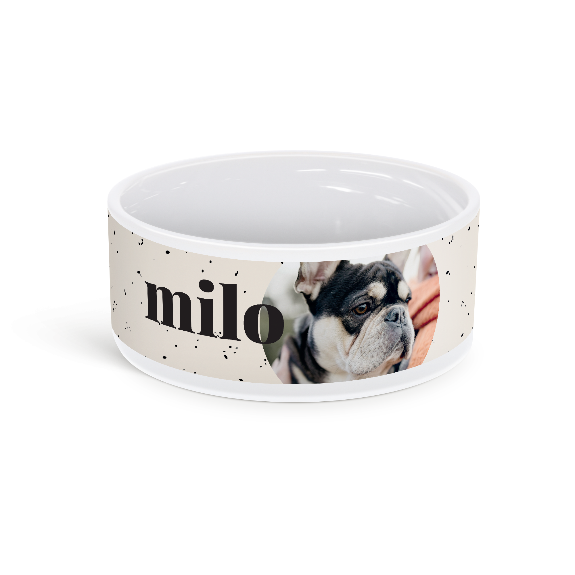 Keramisk skräddarsydd husdjursmatskål med namnet Milo och ett tryckt foto av en fransk bulldog