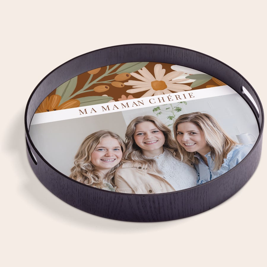 Plateau rond personnalisé Plateau rond personnalisé Ma Maman Chérie imprimé avec photo de trois femmes et motif floral