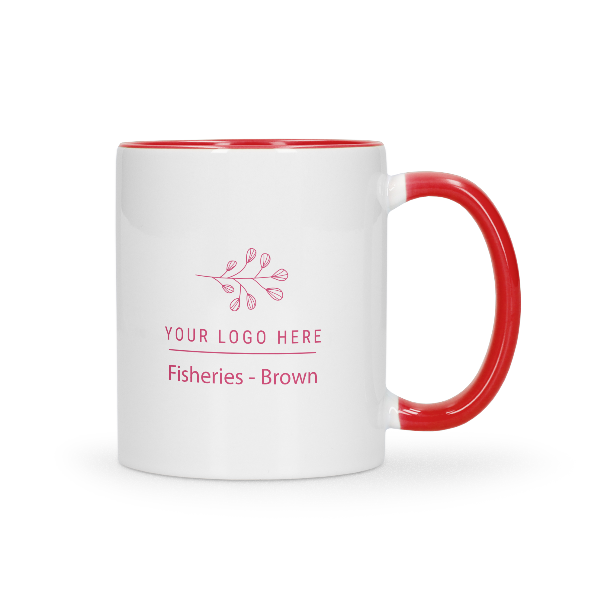 Taza personalizada de color blanco y rojo, impresa con un logotipo de "Fisheries - Brown".