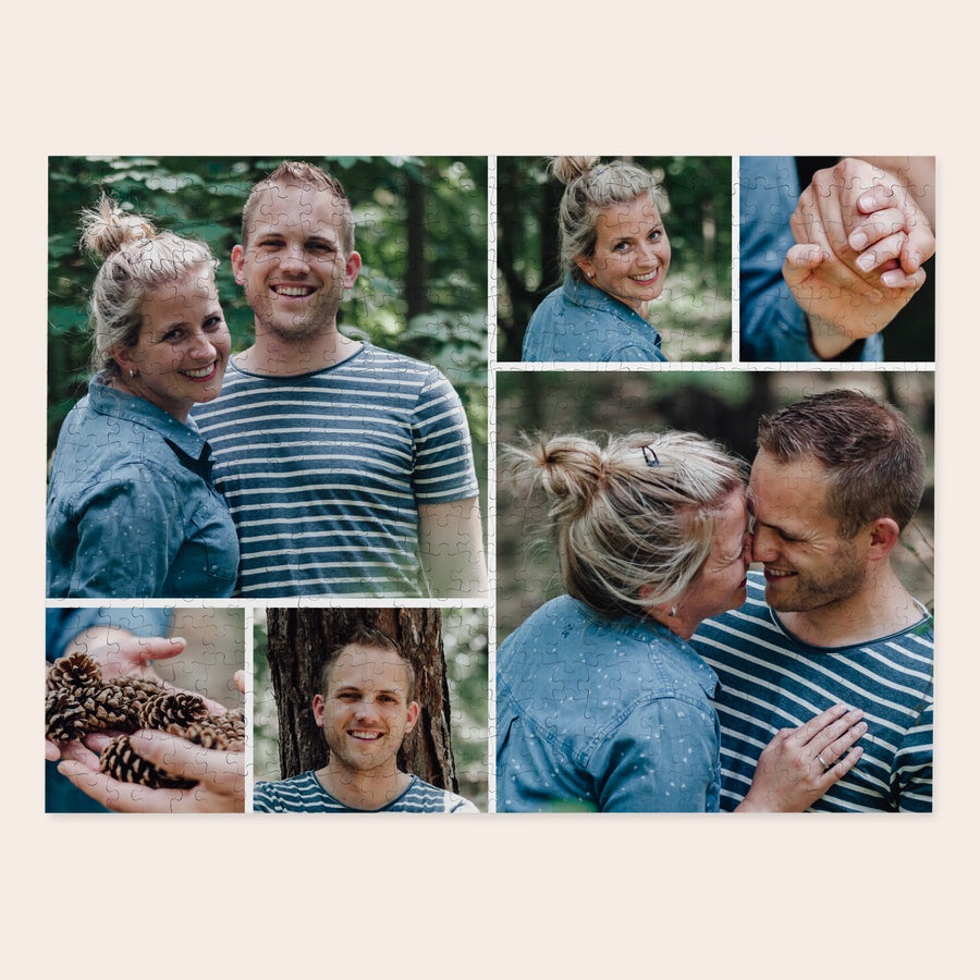Large puzzle A large personalised puzzle featuring a photo collage of a smiling couple and close-up shots of their hands.
