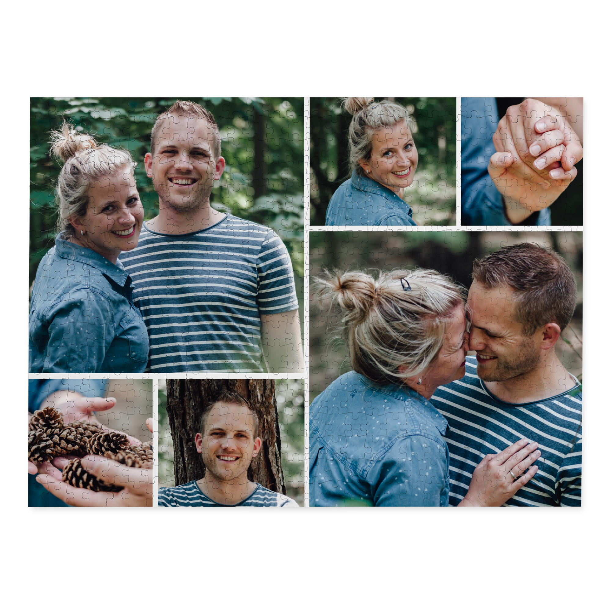 Puzzle original impreso con foto personalizada de pareja sonriente en la naturaleza.