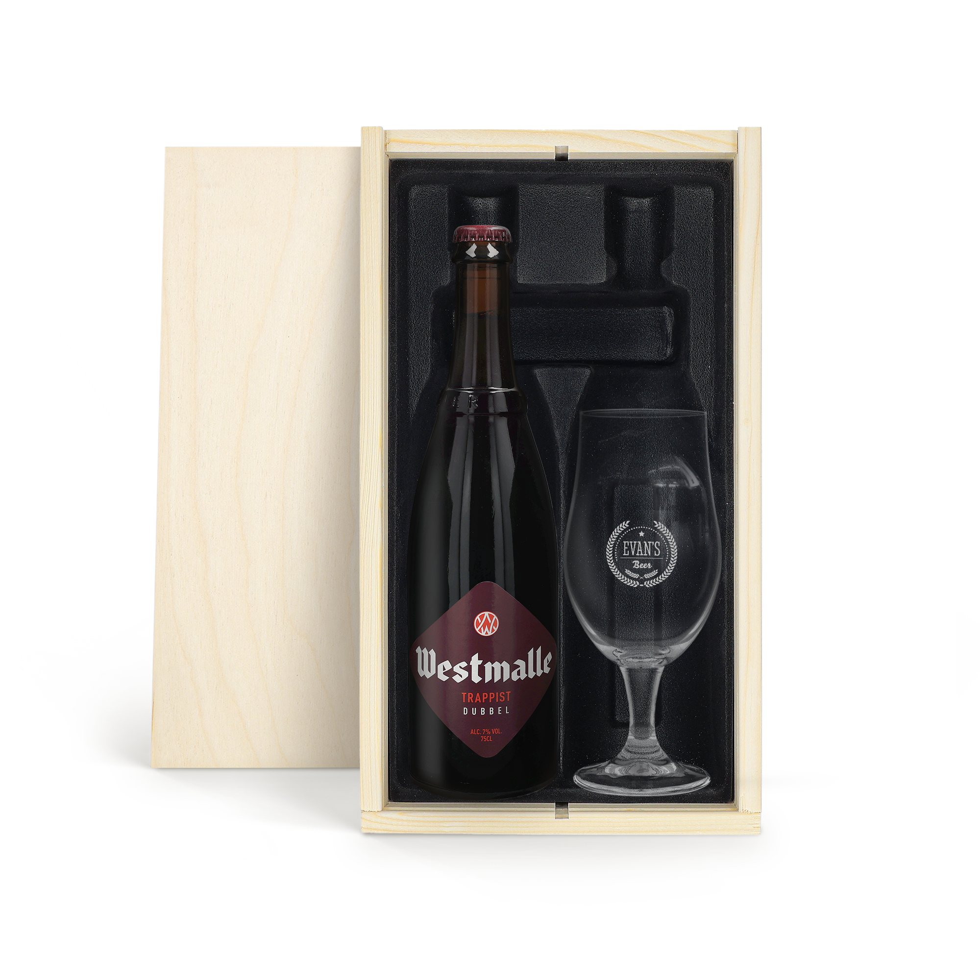 Zestaw upominkowy do piwa z butelką Westmalle i wygrawerowanym szkłem Evan's Beer, personalizowany imieniem w drewnianym pudełku
