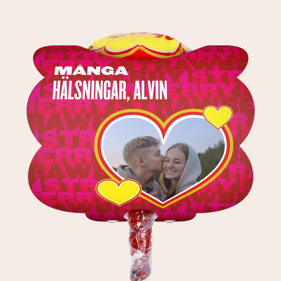 Mega Chupa Chups - personlig Mega Chupa Chups - personlig - Jordgubb - 20 klubbor, med tryckt foto och meddelande "Många hälsningar, Alvin".