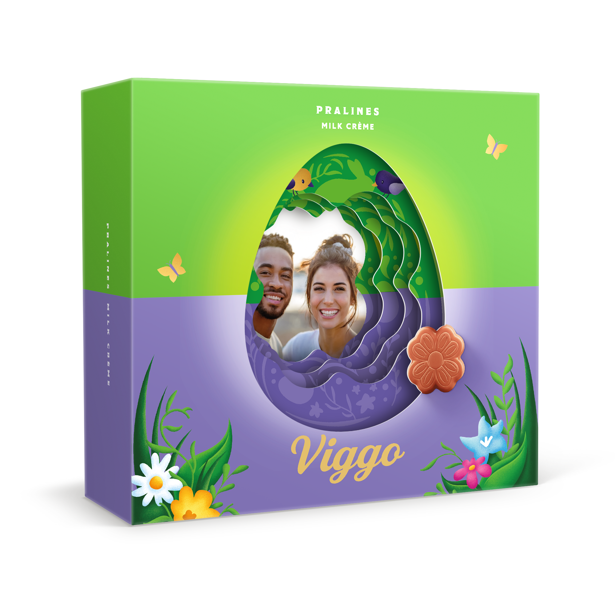 Milka 3D-presentförpackning med personligt foto och namnet Viggo, tryckt med påskmotiv för skapa påskmagi