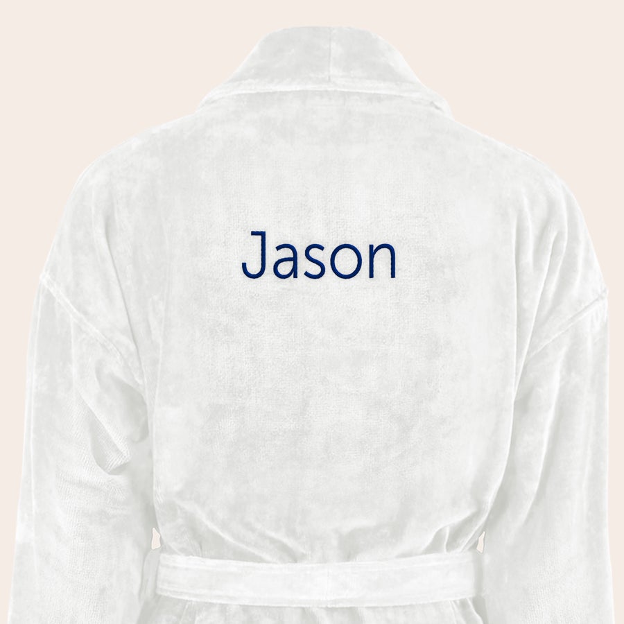 Bathrobe - Men White soft bathrobe with the name Jason embroidered in blue on the back, a personalized gift.