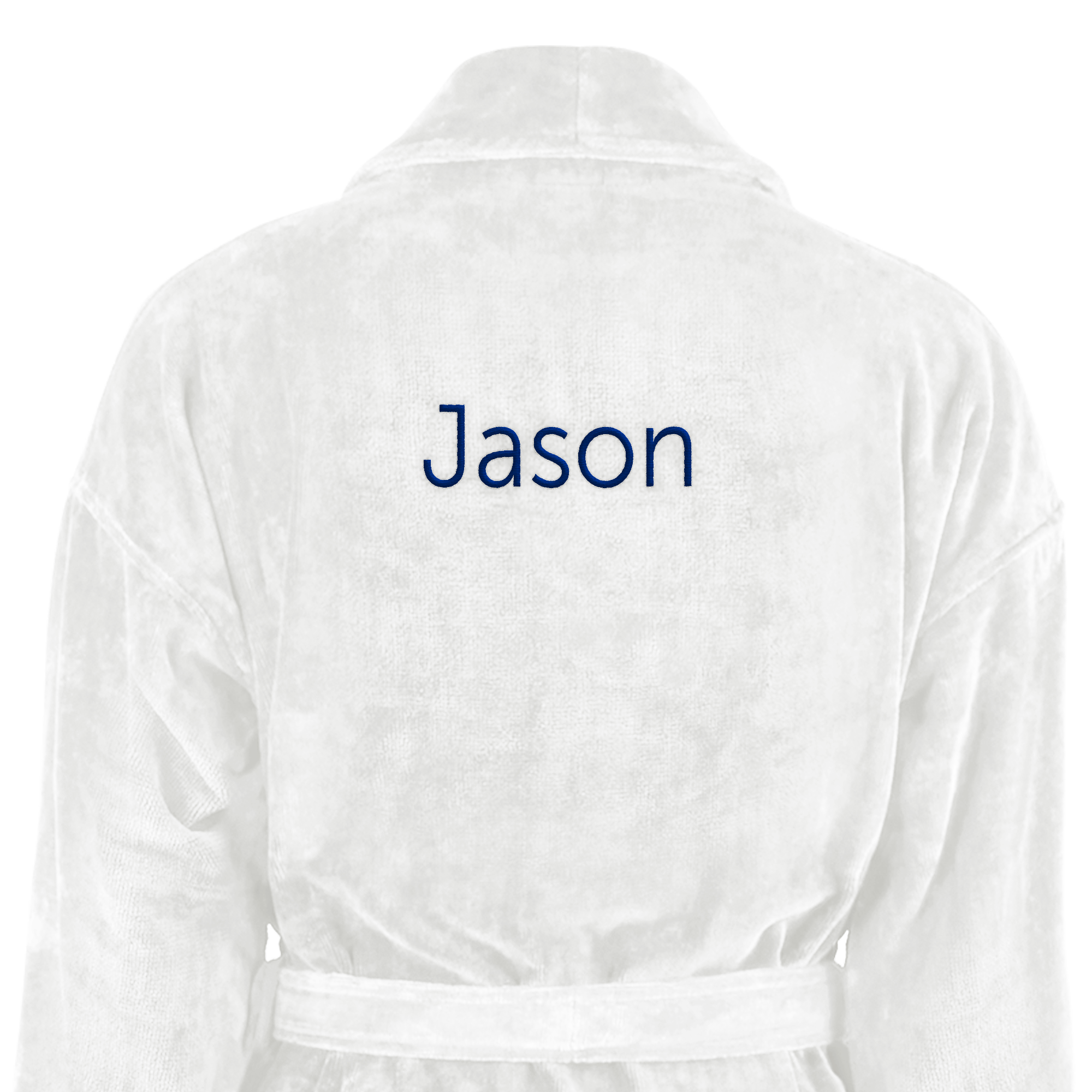 Halat de baie alb moale, brodat cu numele personalizat "Jason" pe spate, ideal pentru a oferi cadou.