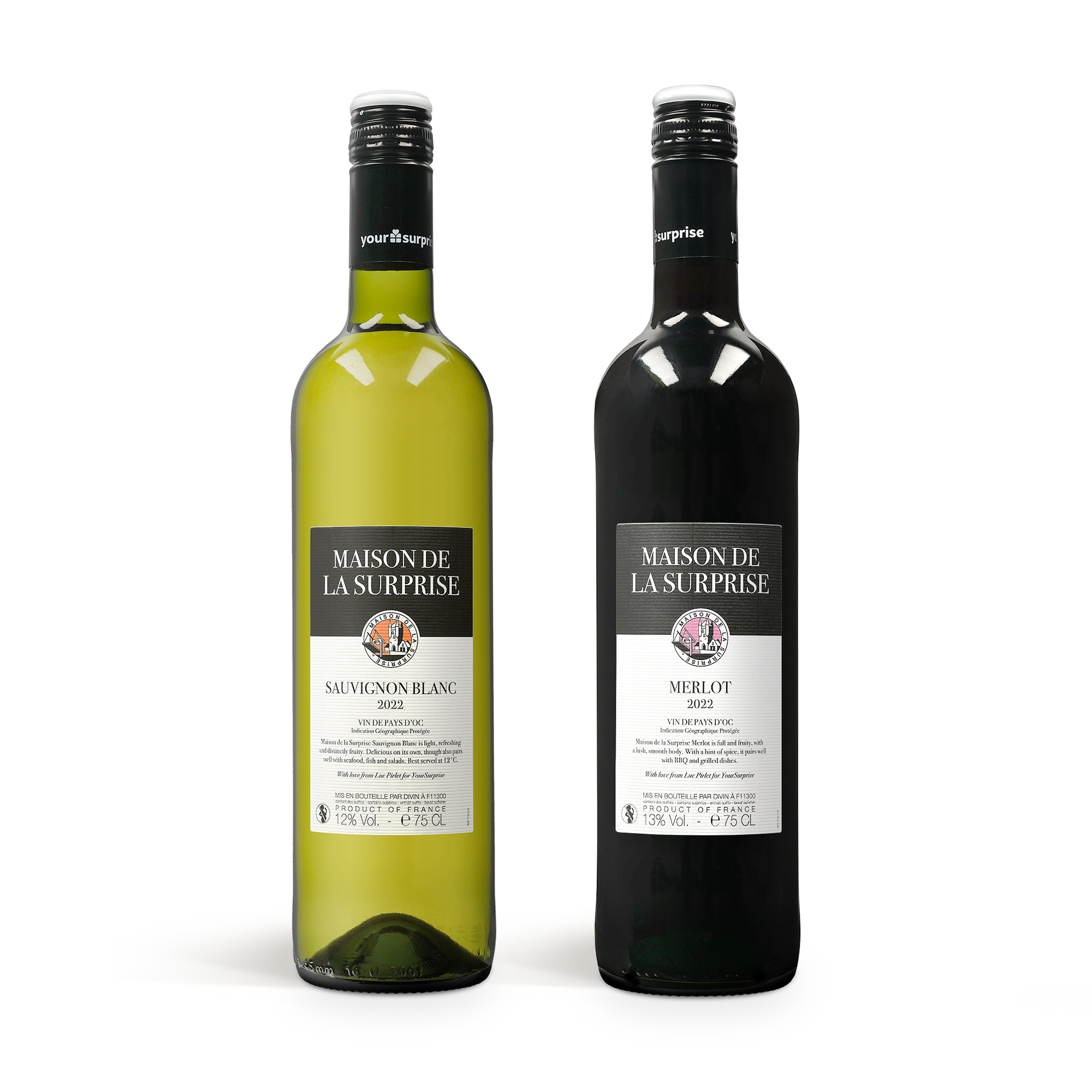 Bouteilles de Maison de la Surprise Sauvignon Blanc et Merlot avec étiquettes personnalisées