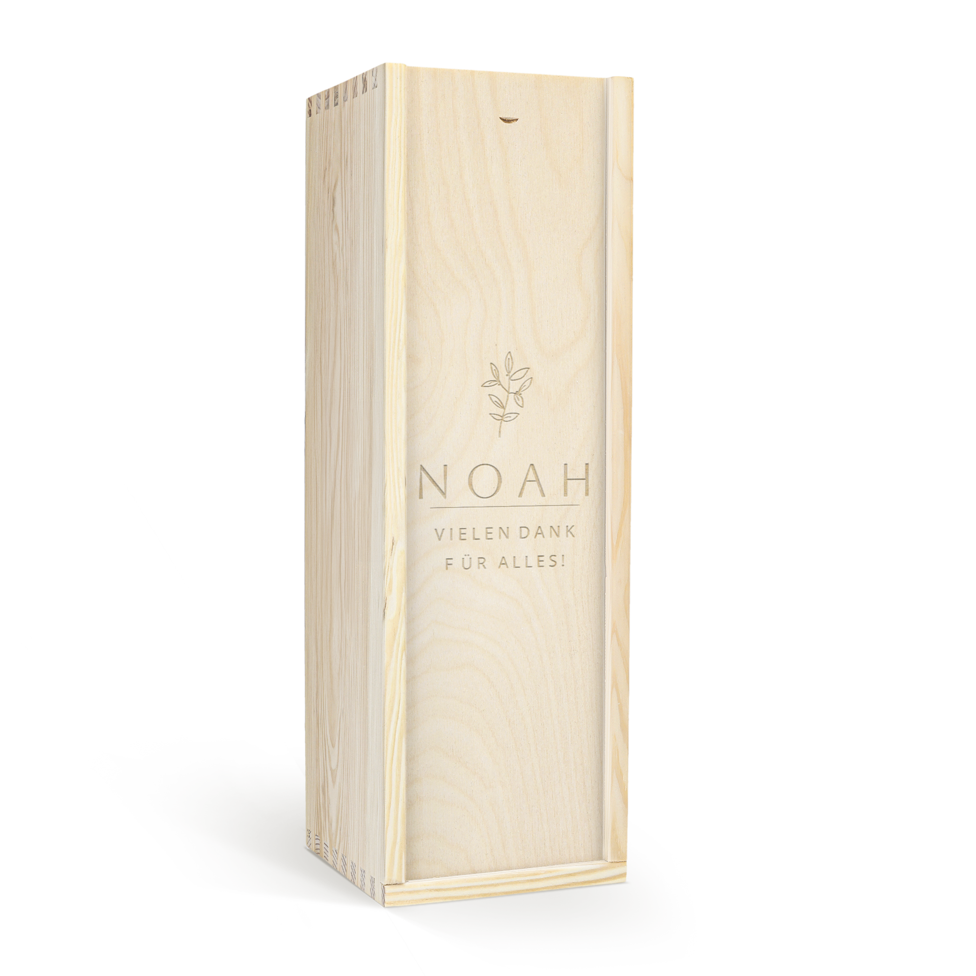 Holzkiste mit Limoncello und Gravur: Blattmotiv, Name "NOAH", "VIELEN DANK FÜR ALLES!"