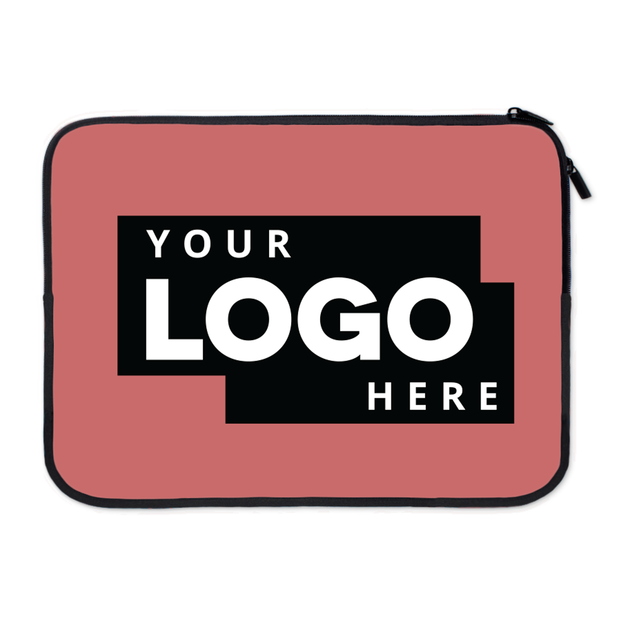 Personligt laptopfodral med plats för eget foto, logo eller text, tryckt i färg på korallfärgad bakgrund