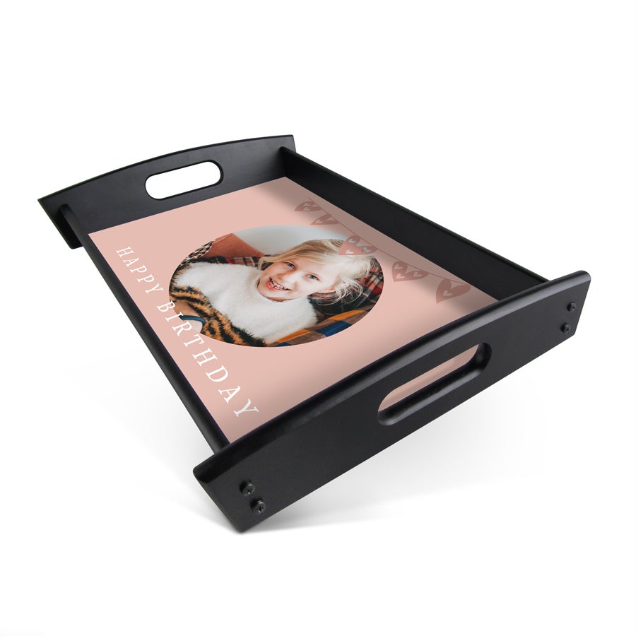 Personalised photo tray - Rectangle - Black - 23.5 x 37 cm Black wooden serving tray with a photo of a smiling girl and "HAPPY BIRTHDAY" text, personalized with your own photo and text