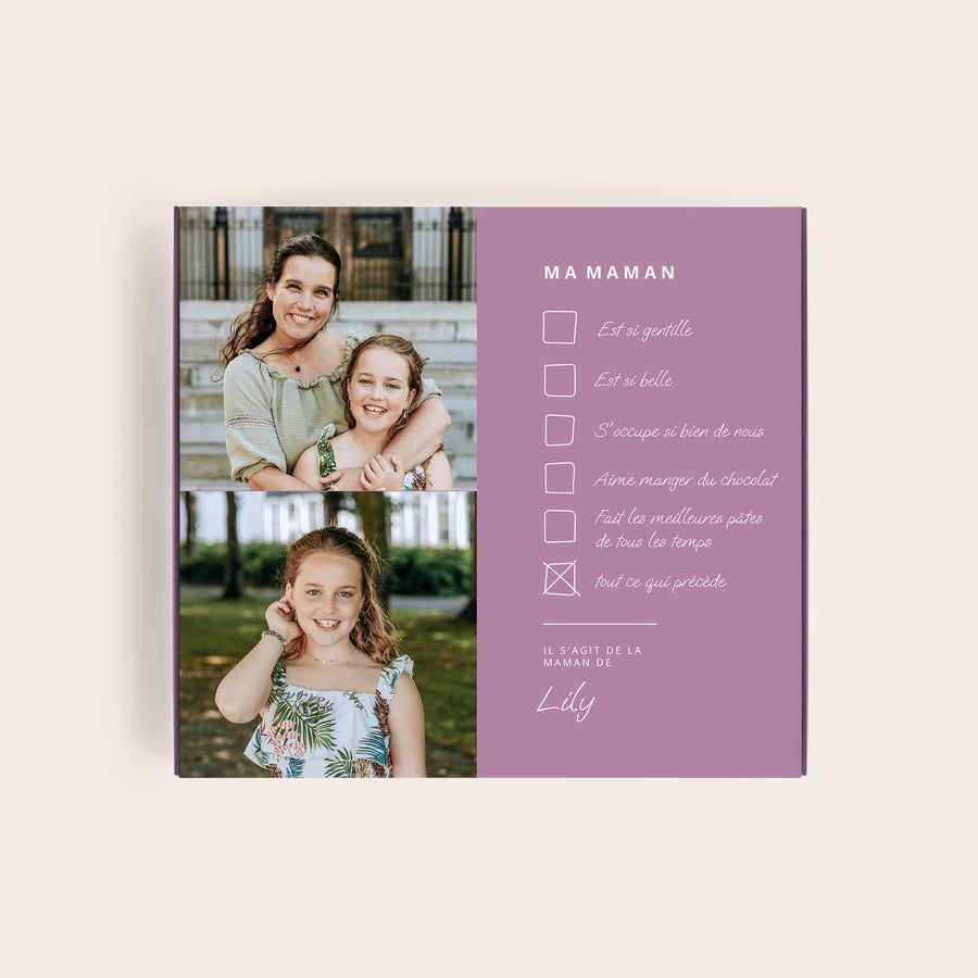Chocolat Milka Fête des mères Coffret cadeau personnalisé de chocolats Milka imprimé avec des photos et le nom Lily pour la fête des mères.
