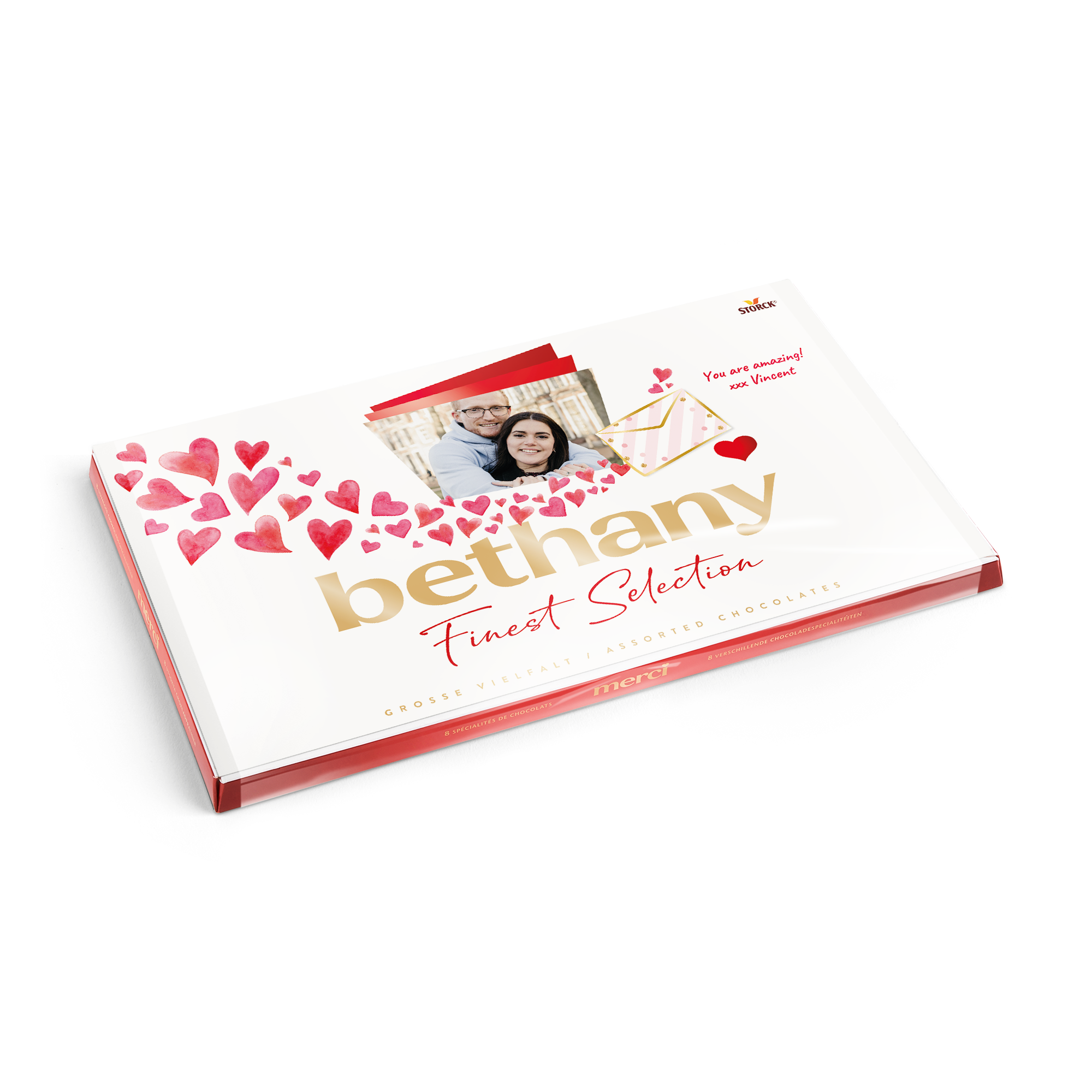 Chocolate merci con tarjeta personalizada 400 gramos con foto y nombre Bethany