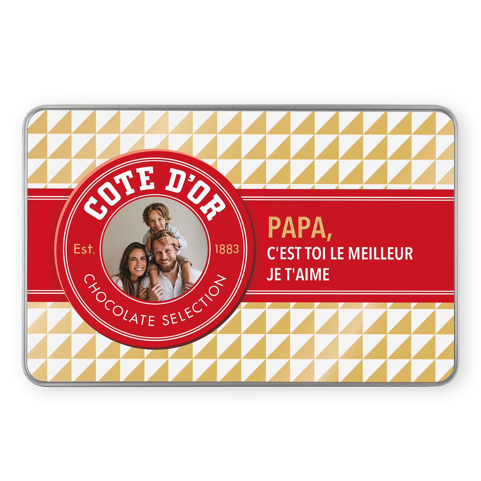 Boîte cadeau vintage personnalisée - avec Chocolats Côte d'Or imprimée avec photo de famille et message Papa c'est toi le meilleur je t'aime