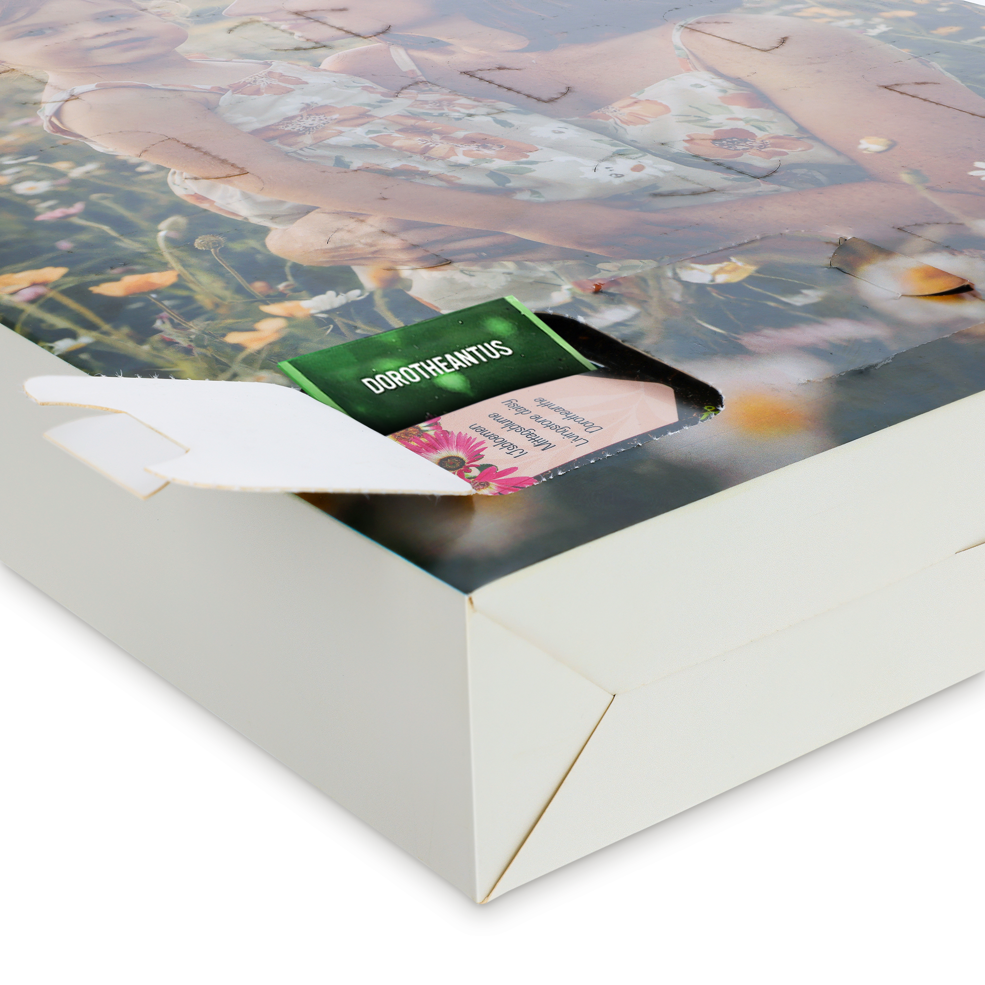 Gepersonaliseerde zaden-adventskalender met familiefoto, bedrukt met tekst 