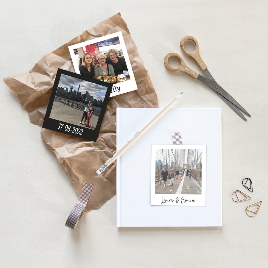 Personal photo prints Three personalized photos printed in retro style, featuring family and travel memories.