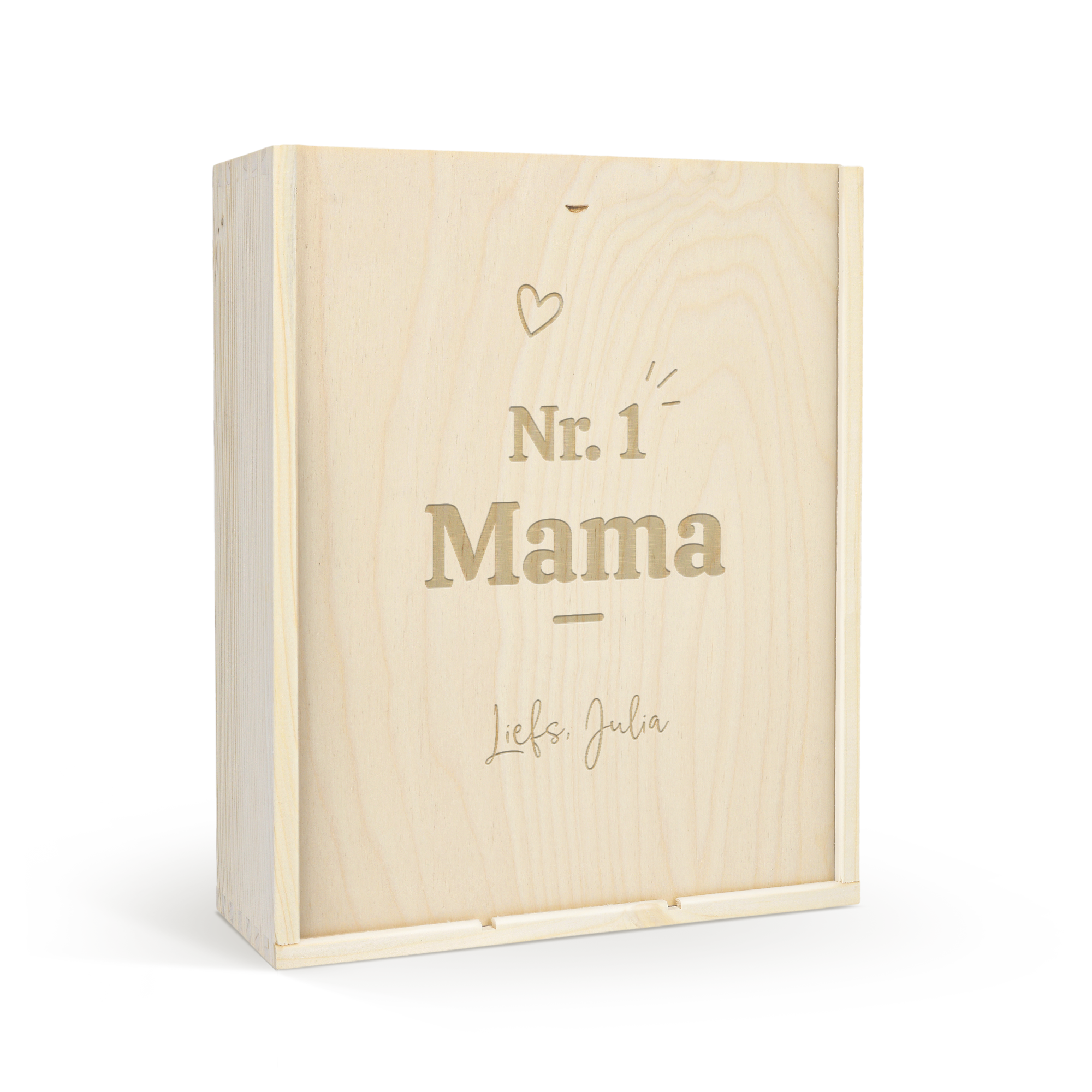 Houten kist met persoonlijke gravure Nr 1 Mama Liefs Julia en hartje gegraveerd