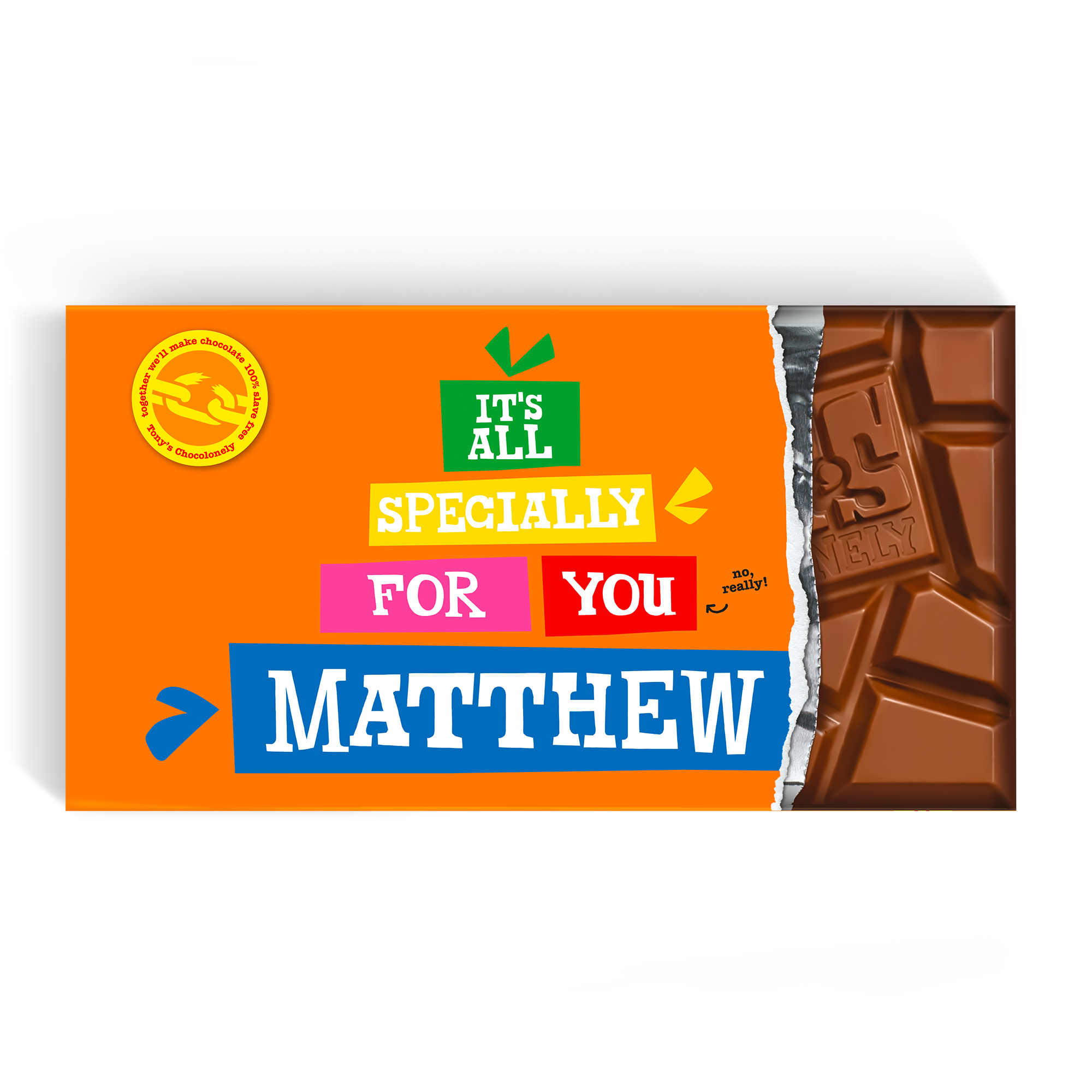 Personalizovaná tyčinka Tony's Chocolonely s potiskem textu "Matthew" na obalu