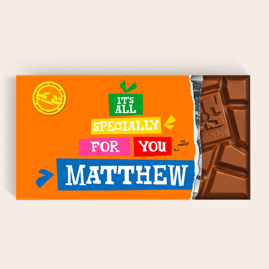 XL Tony's Chocolonely (5 czekolad) Spersonalizowana tabliczka czekolady XL Tony's Chocolonely z nadrukiem imienia Matthew