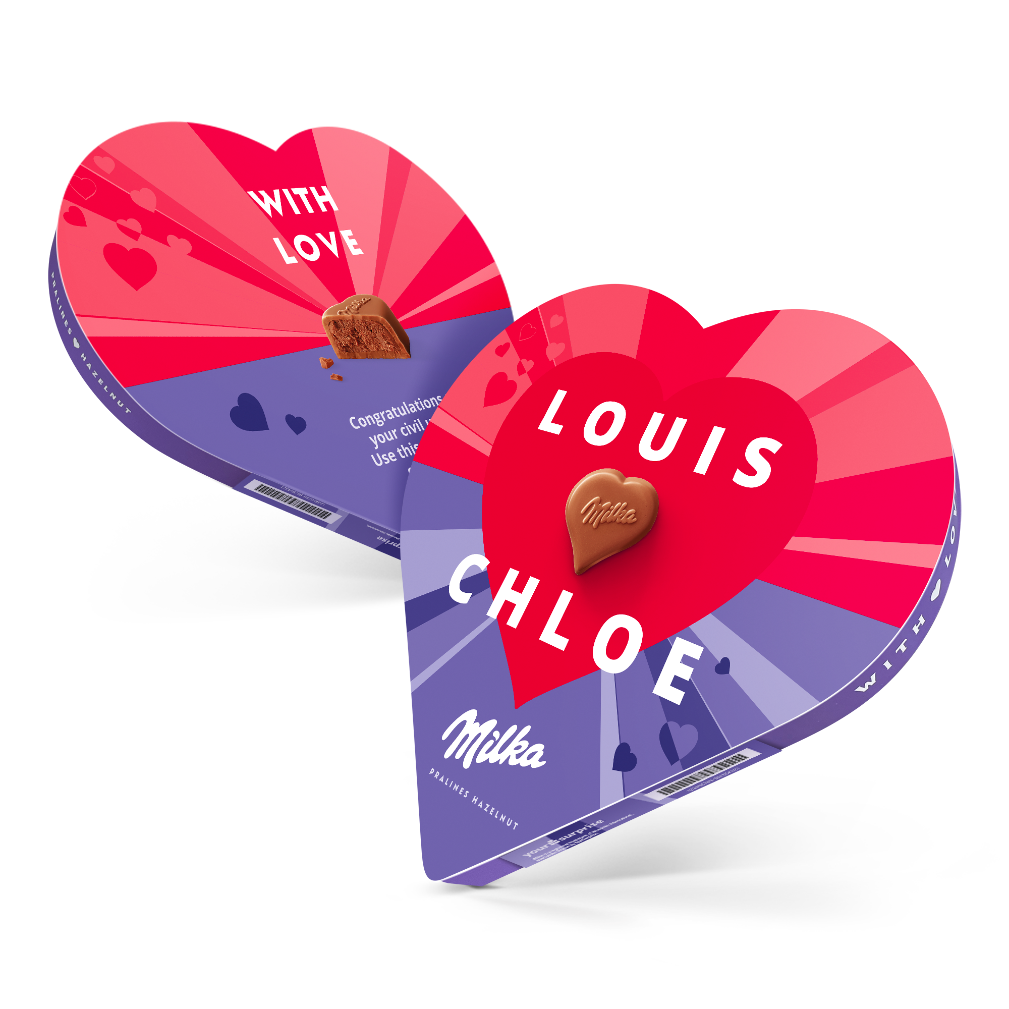 Două inimi Milka personalizate, cu o pralină deschisă, imprimate cu mesajul With Love și numele Louis și Chloe. O inimă Milka personalizată.