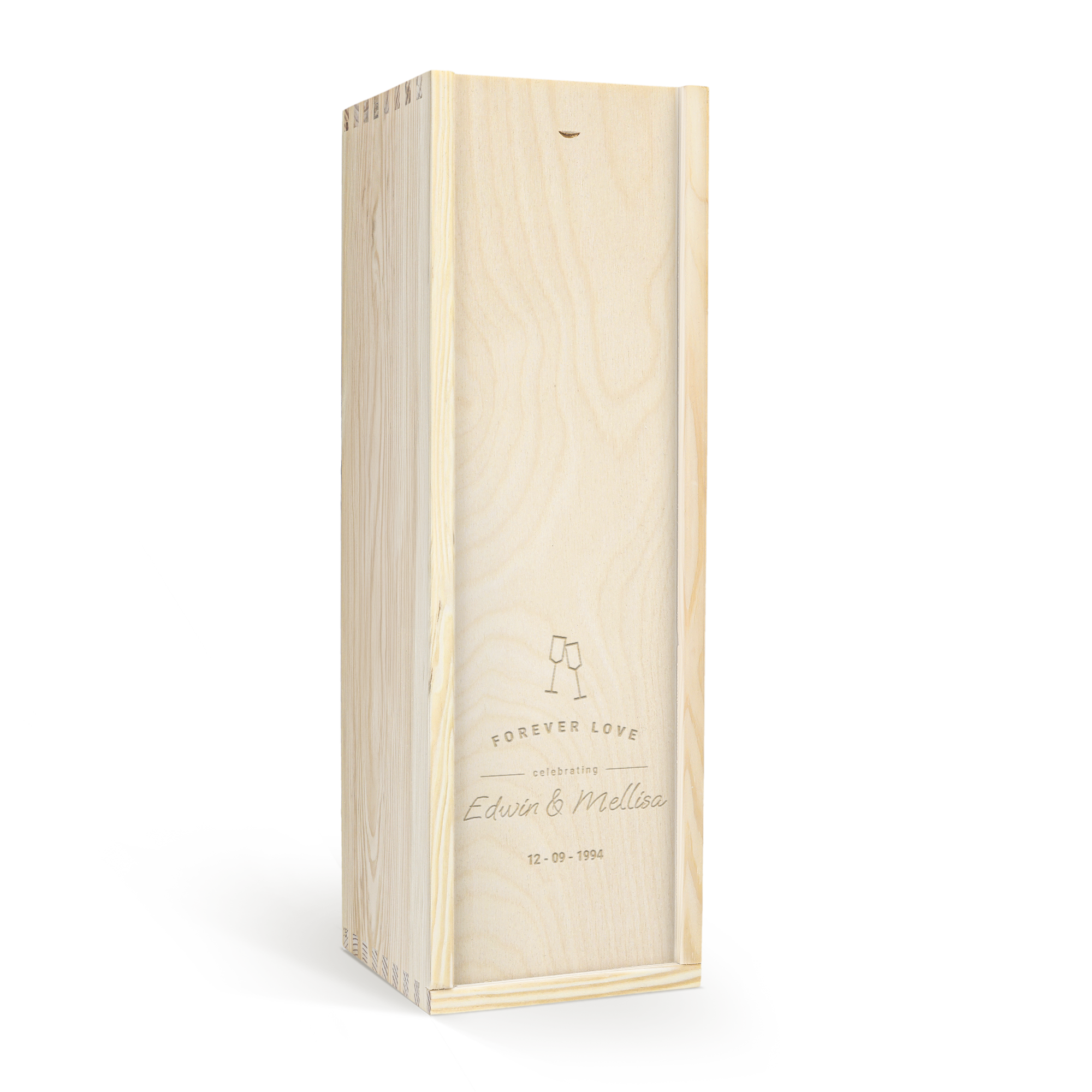 Personalised wooden case engraved with Forever Love, Edwin & Mellisa, and a date, featuring a sliding lid