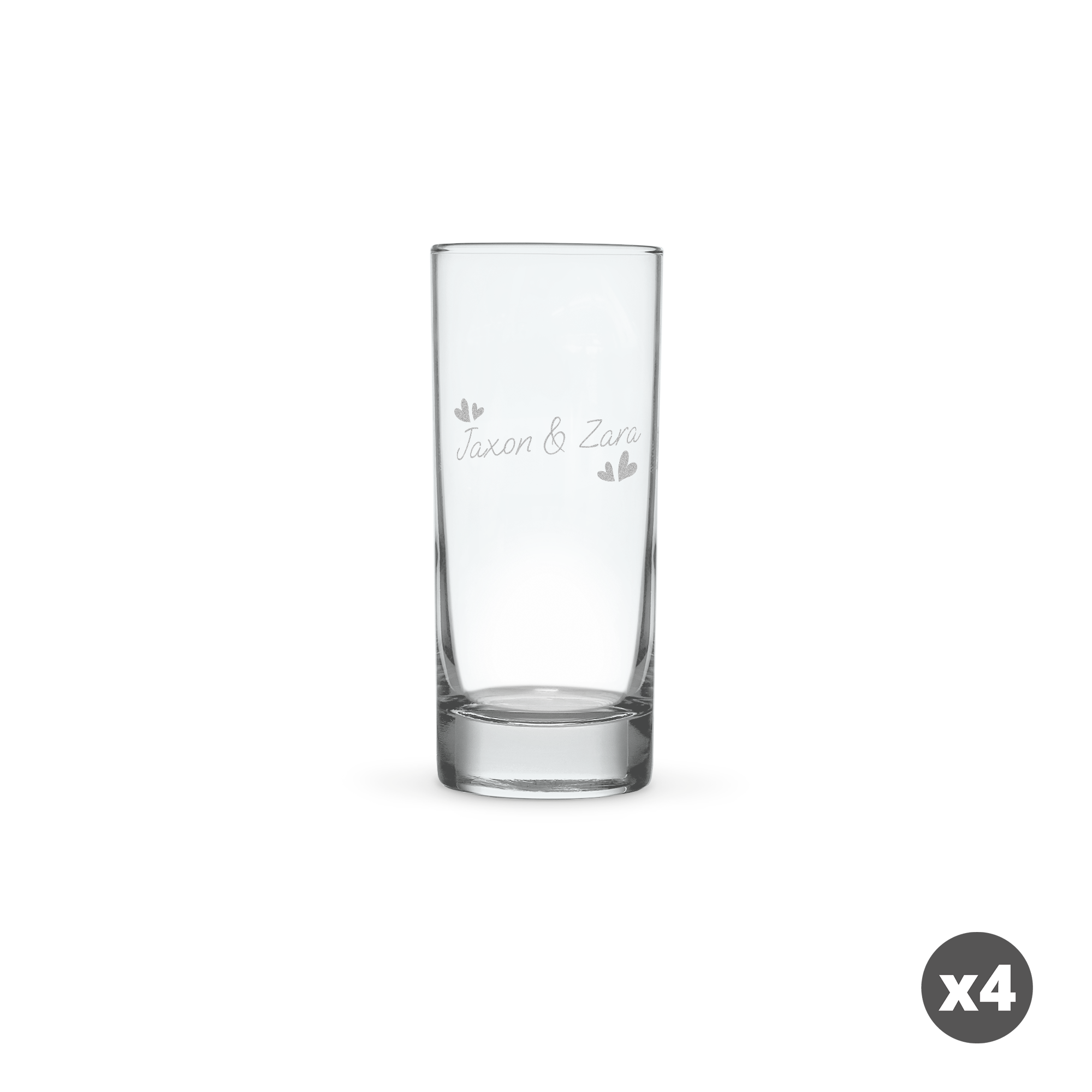 Set de vasos altos de cristal oscuro, grabados con los nombres "Jaxon & Zara" y corazones.