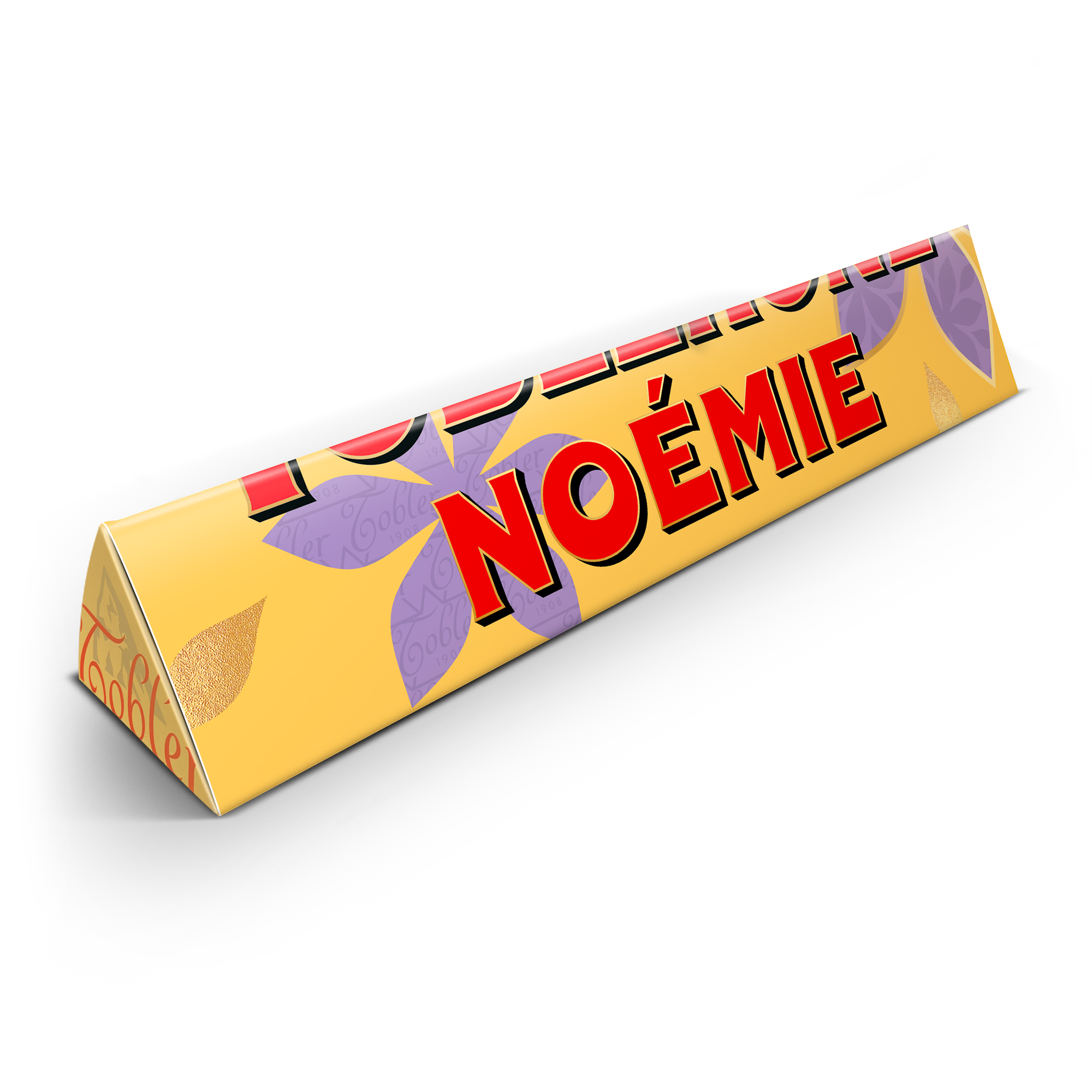 Barre de chocolat Toblerone personnalisée pour maman, avec l'inscription NOEMIE imprimée sur l'emballage jaune.