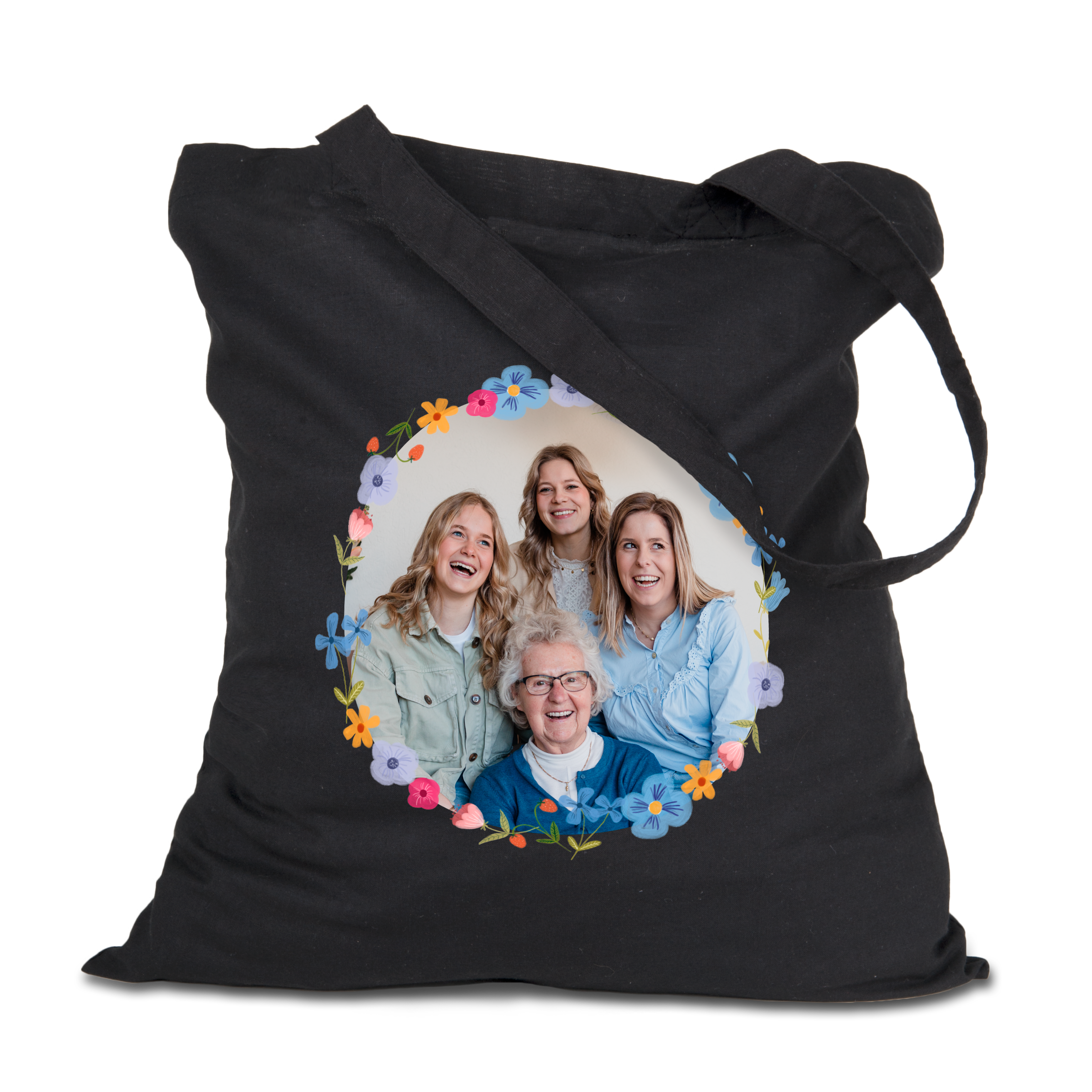 Tote bag personnalisé noir en coton bio imprimé avec une photo de famille encadrée de fleurs colorées