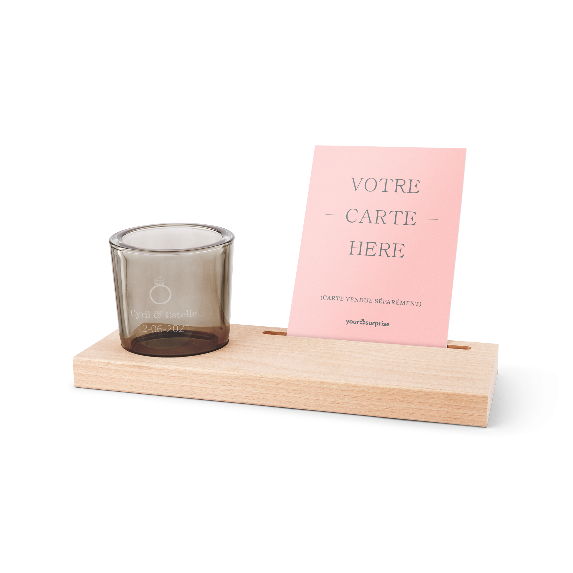 Porte-cartes en bois avec bougie à réchaud en verre gravée avec nom