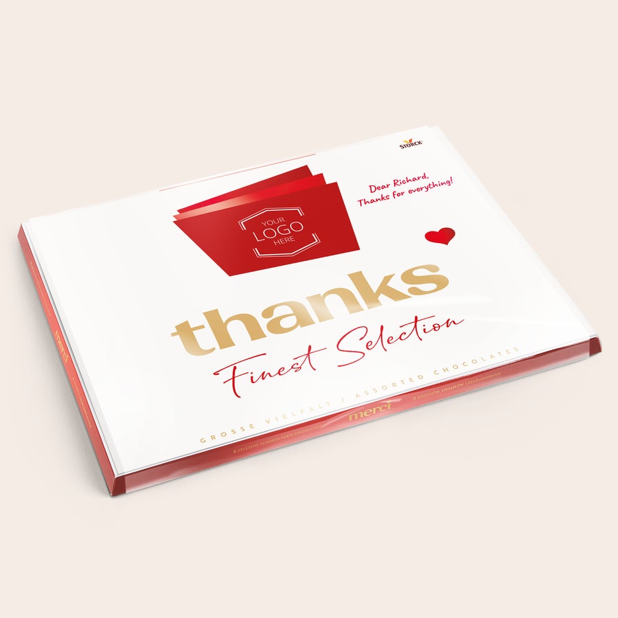 Scatola regalo e biglietto d'auguri personalizzati al cioccolato Merci Merci cioccolato con bigliettino personalizzato - 675 grammi, con dedica "Dear Richard, Thanks for everything!" e spazio per il tuo logo stampato.