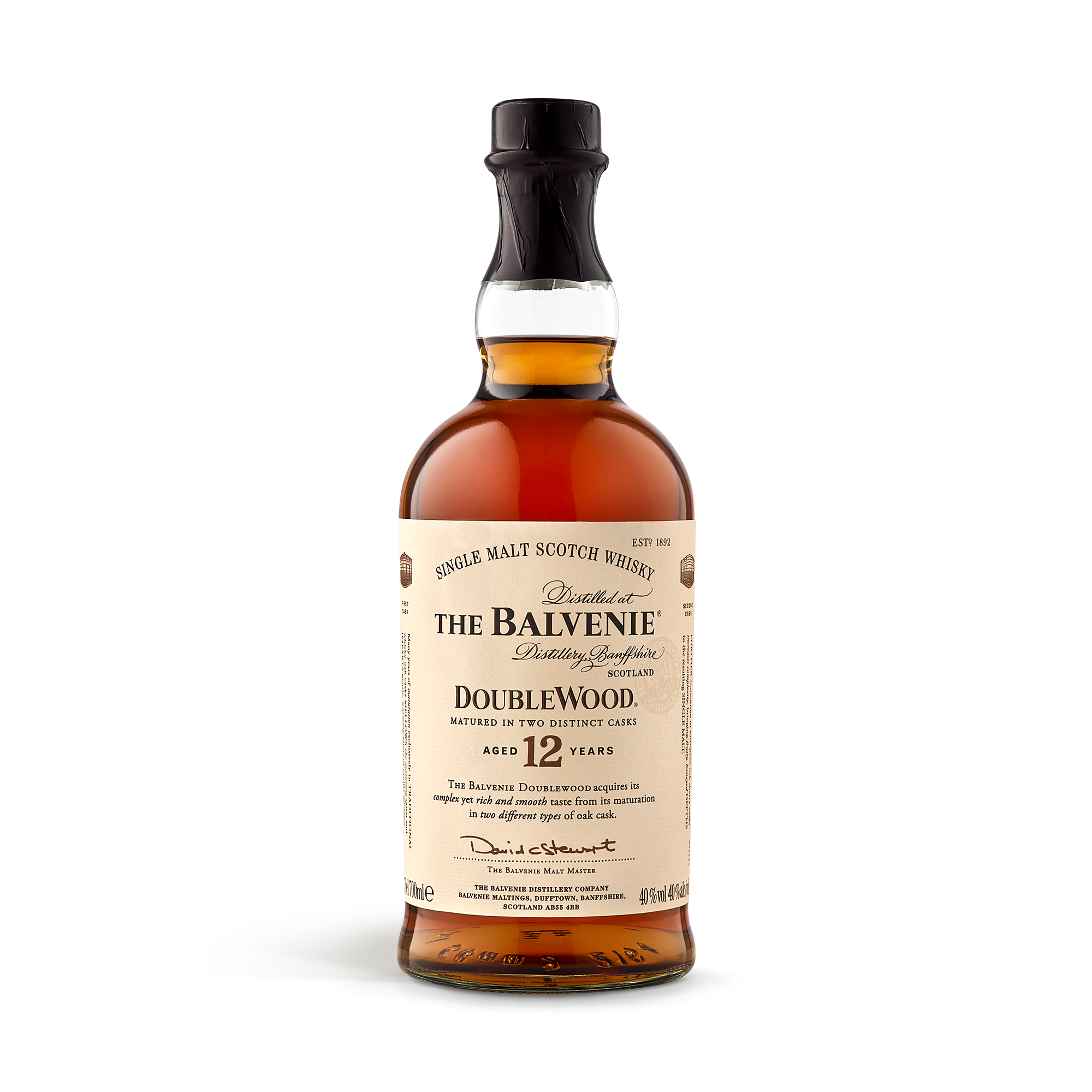 A bottle of The Balvenie DoubleWood 12-year-old whisky with a custom wooden box