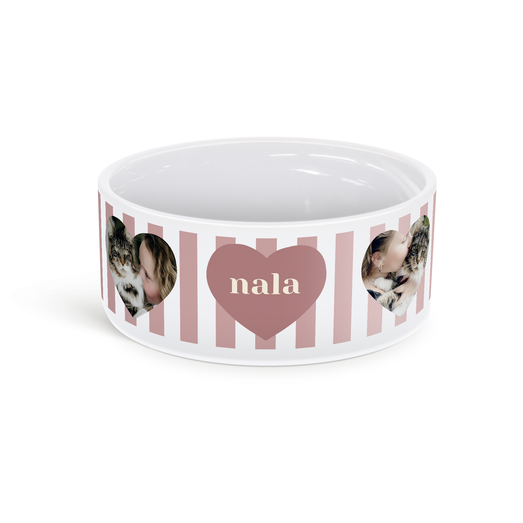 A custom pet food bowl in white and pink stripes with a printed photo of a cat and person, and the name Nala
