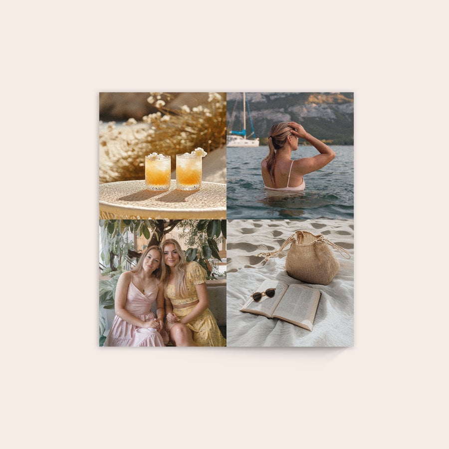 Foto auf Holz Vier persönliche Fotos auf Holz gedruckt, mit Ansichten von Drinks, einer Frau im Wasser, zwei Frauen und einem Buch mit Tasche am Strand.