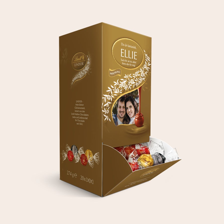 Lindt Dispenser Personlig Lindt choklad presentförpackning med en tryckt bild av ett par, namn och text