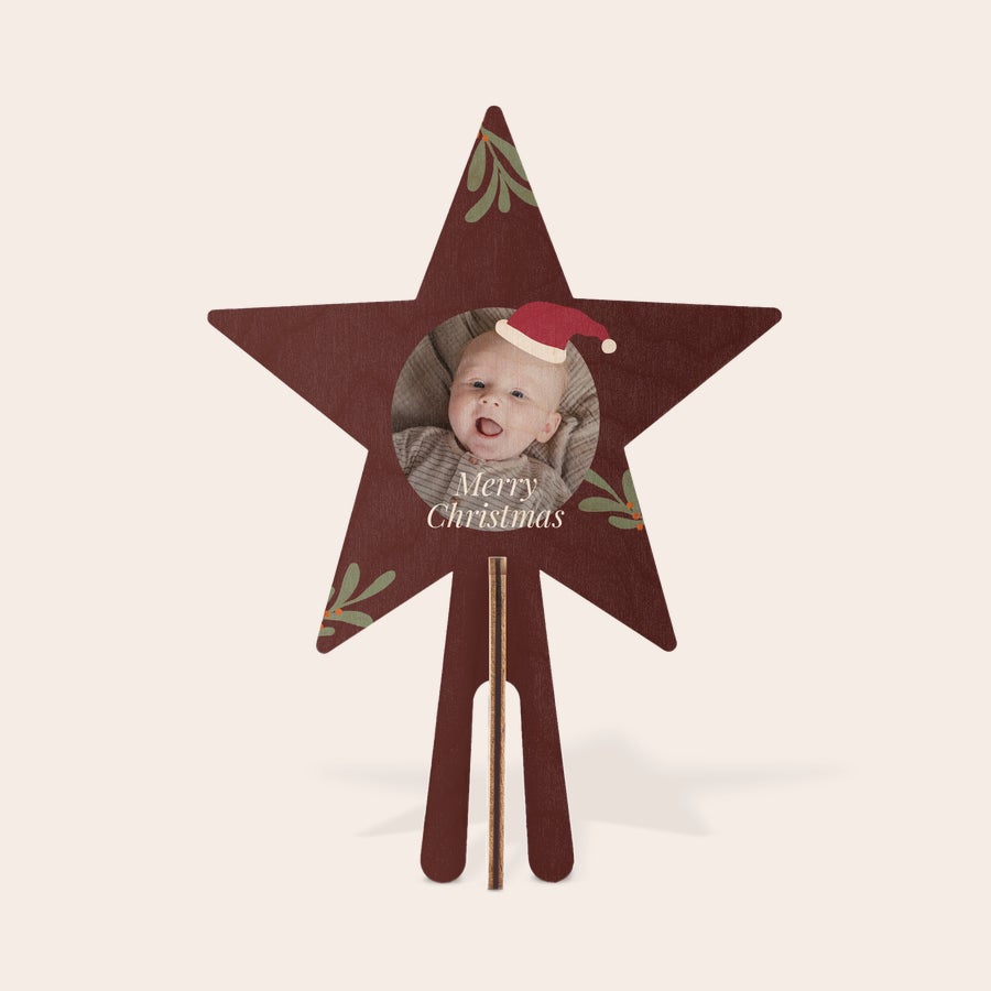 Személyre szabott fa karácsonyfa fedő Barna fa karácsonyfa csúcsdísz egyedi fotóval és Merry Christmas felirattal UV nyomtatással, zöld mintával díszítve