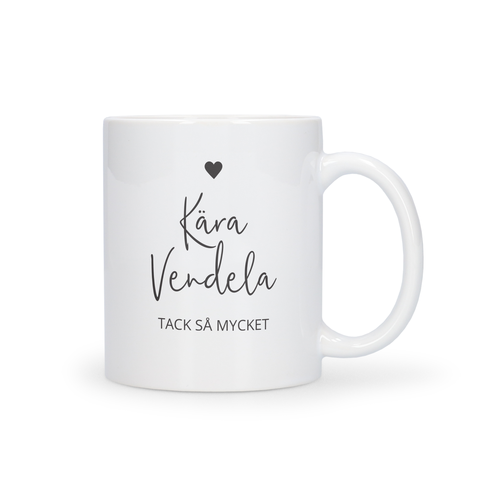 Vit personlig mors dag mugg med tryckt text Kära Vendela Tack så mycket och hjärta