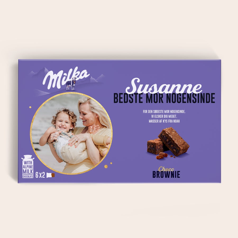 Milka Choco Brownie gaveæske Milka Choco Brownie gaveæske i lilla med billede, navn Susanne og teksten Bedste Mor Nogensinde
