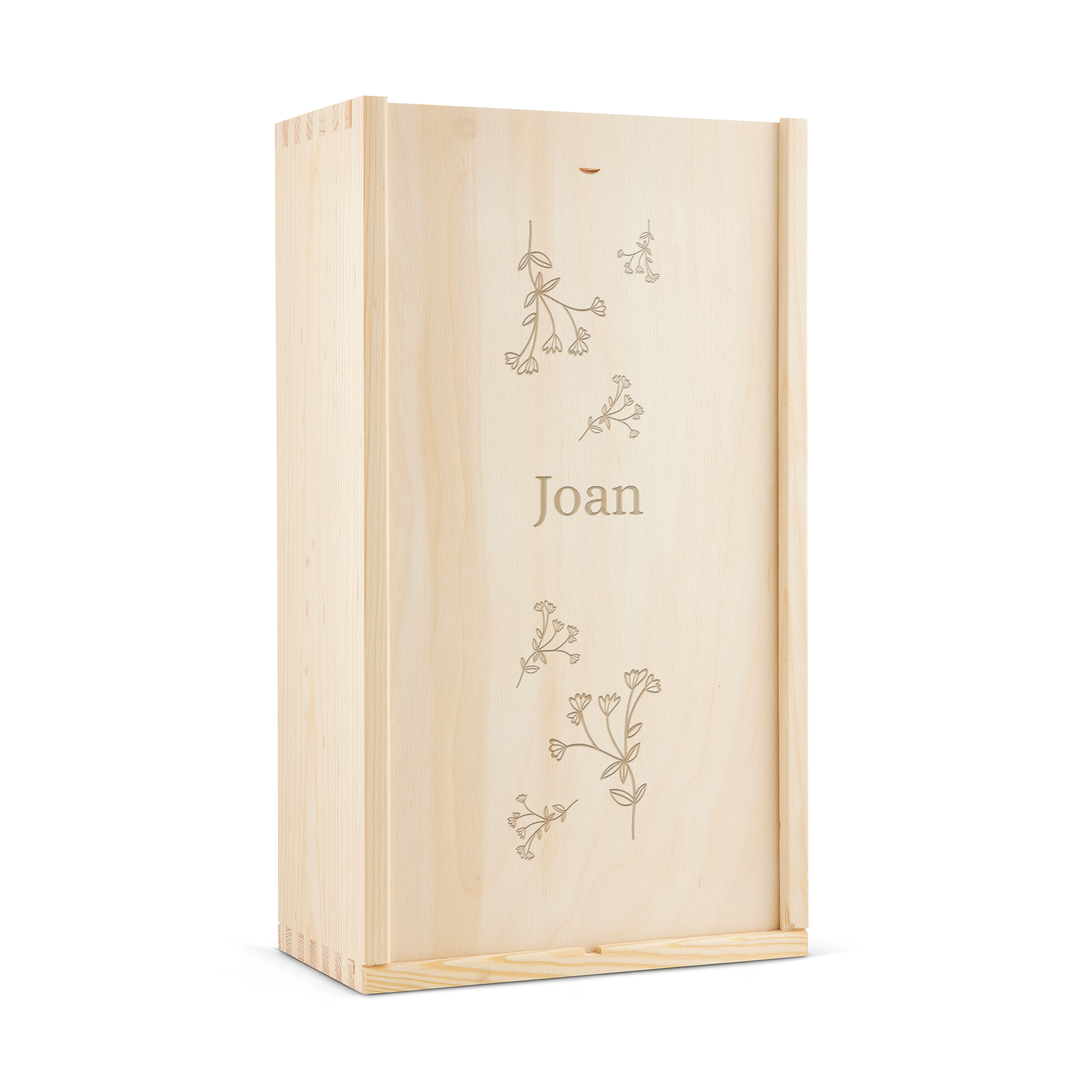 Caja de madera con nombre "Joan" y diseño floral grabados, ideal para personalizar una botella de whisky.