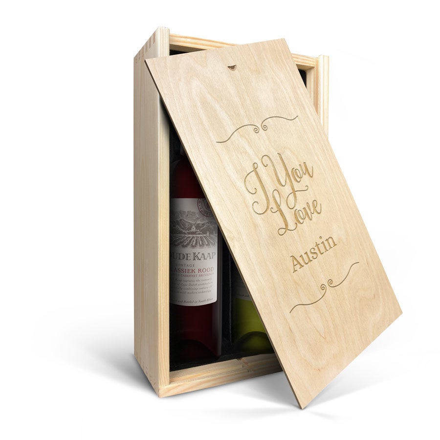 Personalised wine gift - Oude Kaap - White and red - Engraved wooden case