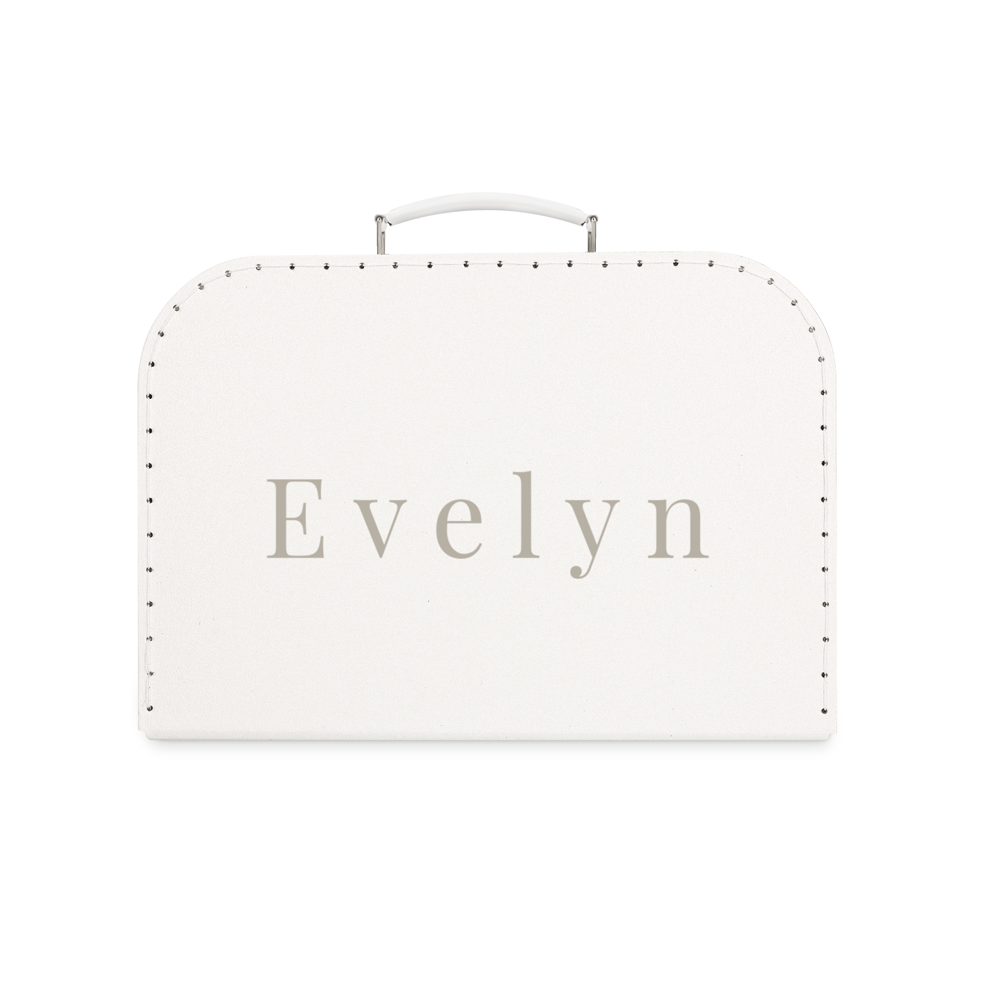 Biely potlačený kufrík na hračky s menom Evelyn, prispôsobený na mieru pre deti.