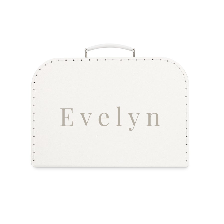 Valigetta per bambini Valigia giocattolo stampata bianca con il nome Evelyn in grigio sul davanti, manico bianco