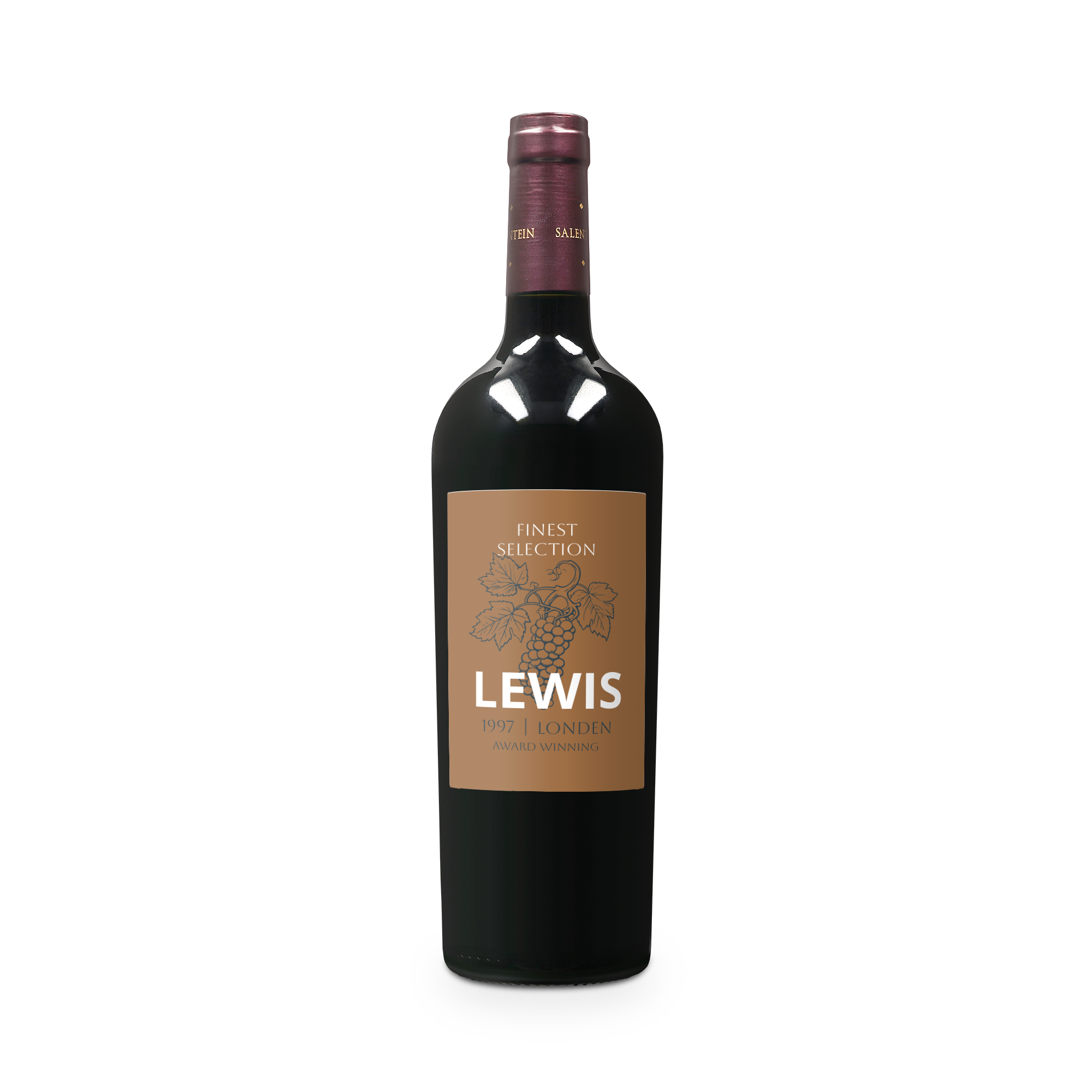 Egy üveg Salentein Merlot bor egyedi, fényképpel és a "Lewis" névvel ellátott címkével.