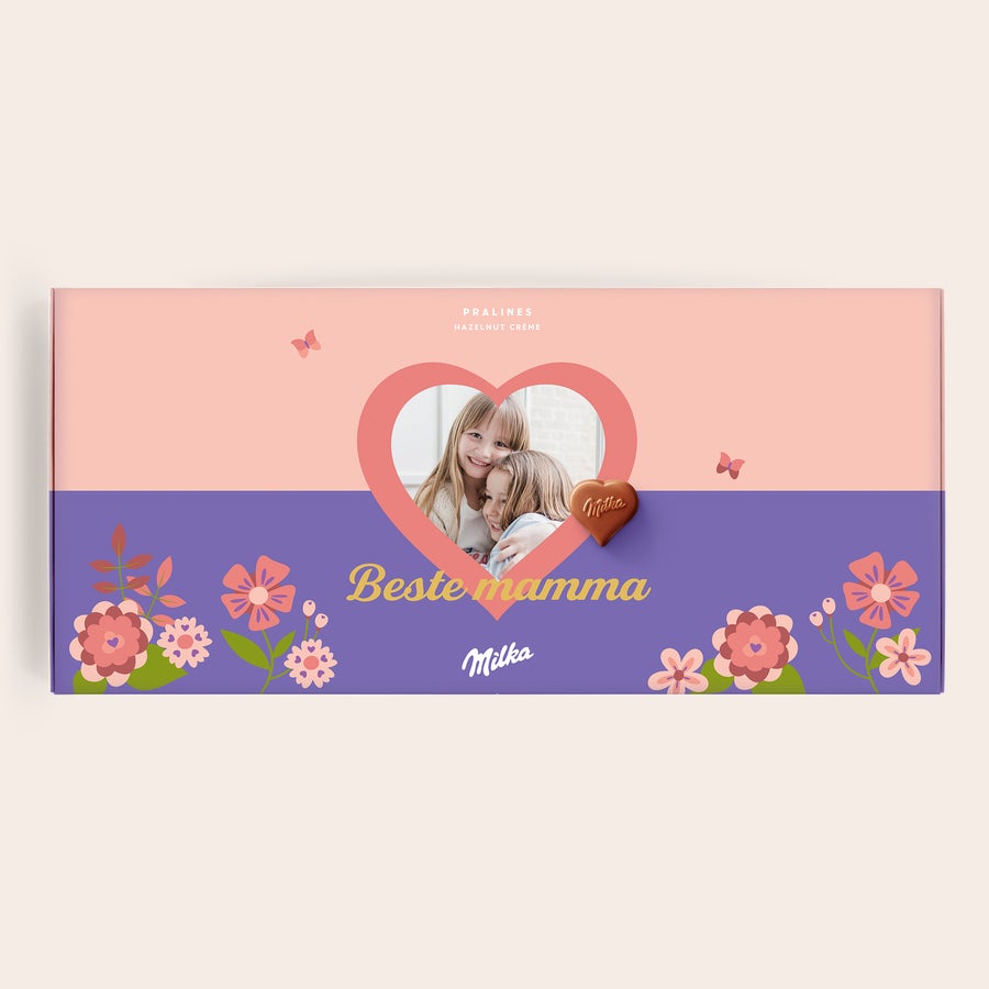 Milka Pralines Morsdagen "Si det med Milka" sjokoladeeske med et bilde av to jenter og teksten "Beste mamma" trykt på lokket