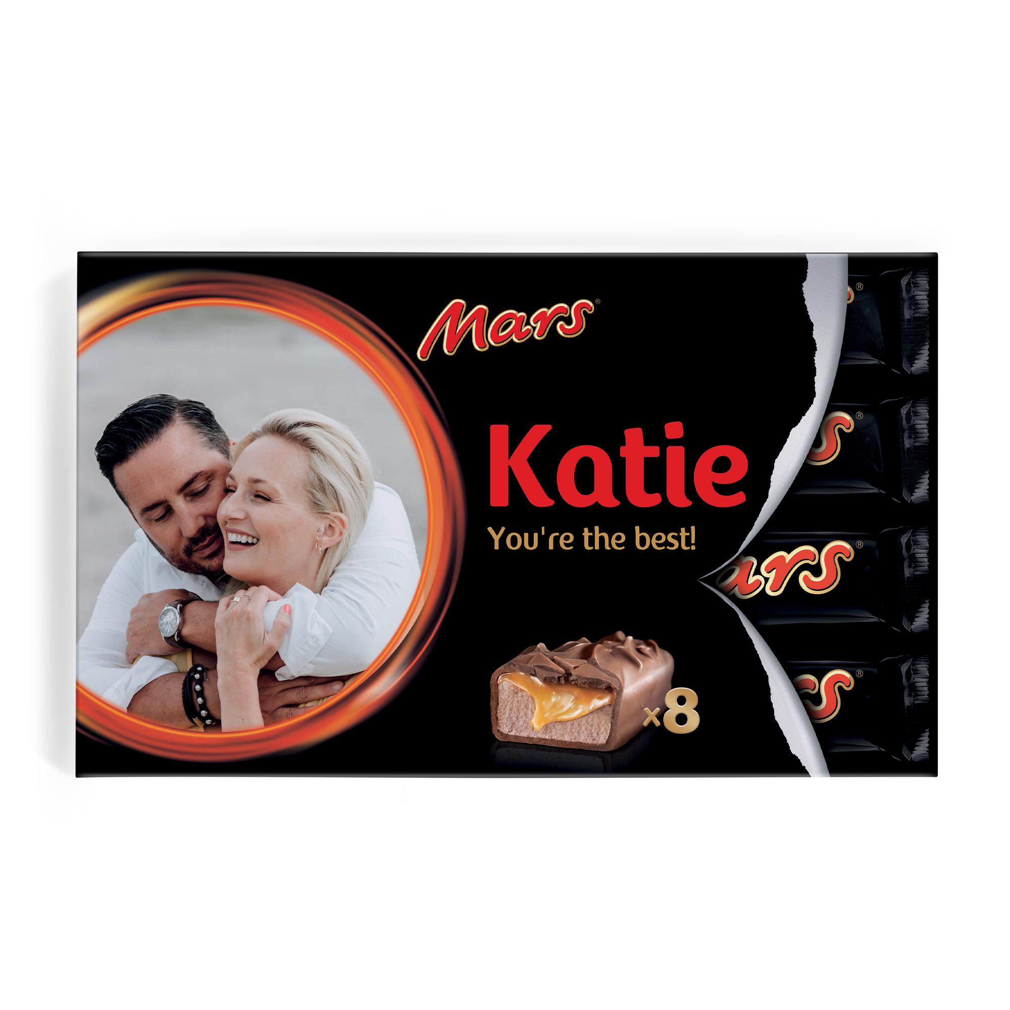 Darčeková krabička na tyčinku Mars s menom Katie, textom "You're the best!" a osobnou fotografiou páru