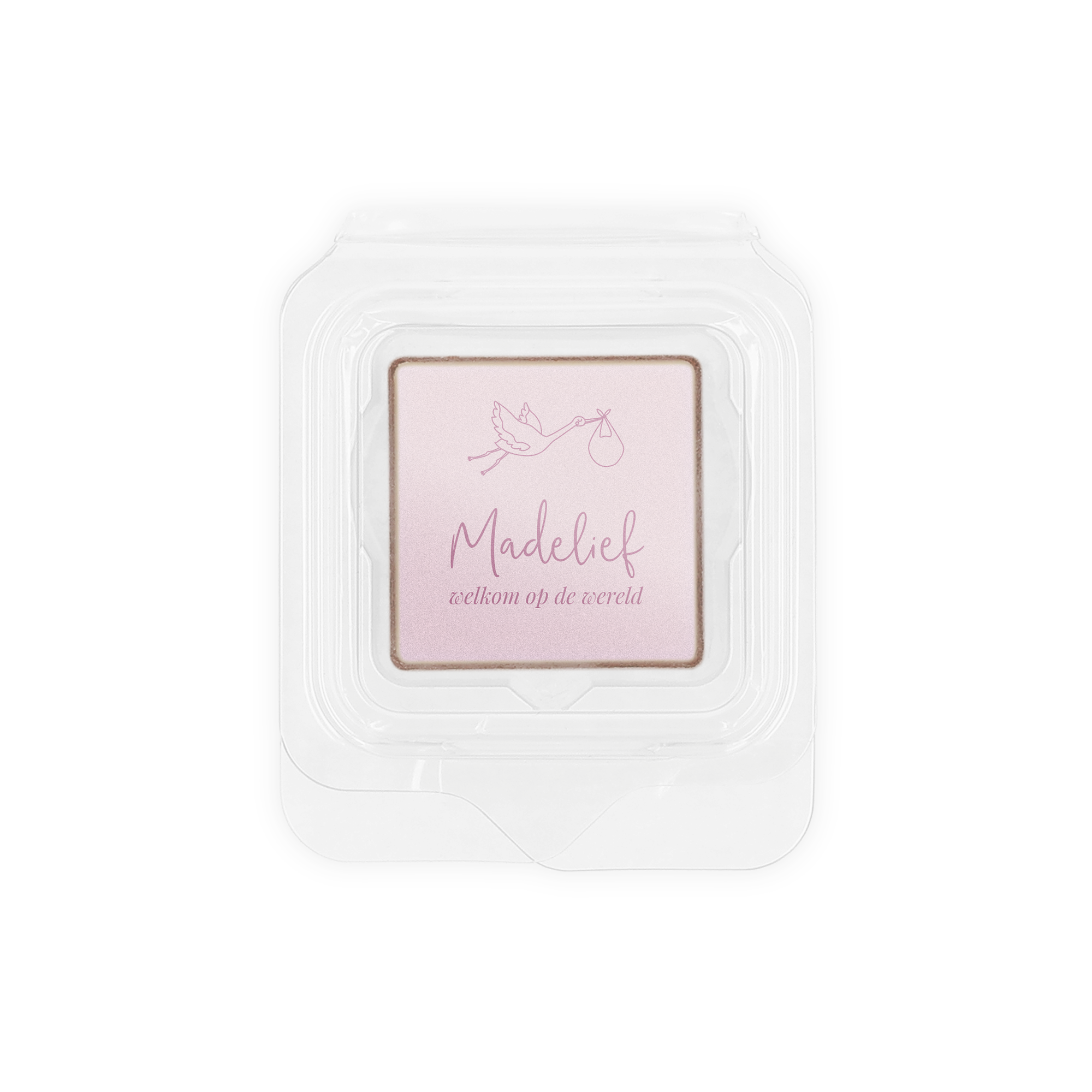 Gepersonaliseerd chocolaatje met roze ooievaar, 'Madelief' en 'welkom op de wereld' bedrukt als foto of logo
