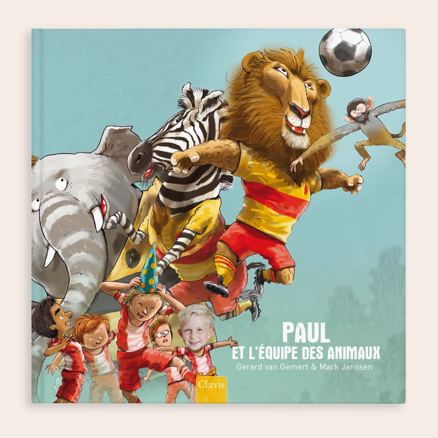 Livre football - L'équipe des animaux Livre personnalisé Crée ton propre équipe de foot des animaux avec couverture imprimée affichant le prénom Paul et une photo d'enfant souriant