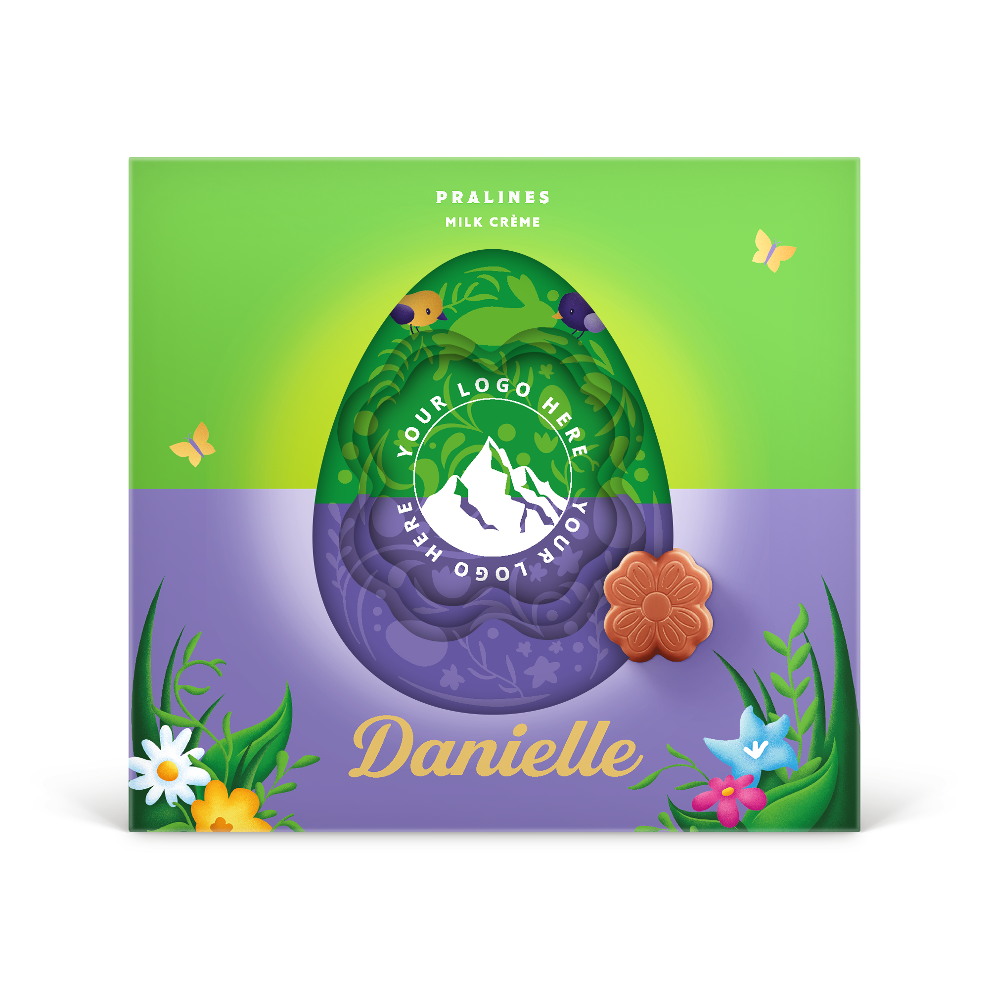 Milka 3D-lahjarasia, jossa pääsiäismuna, nimi Danielle ja paikka omalle logolle, painettuina kukkien ja perhosten keskellä